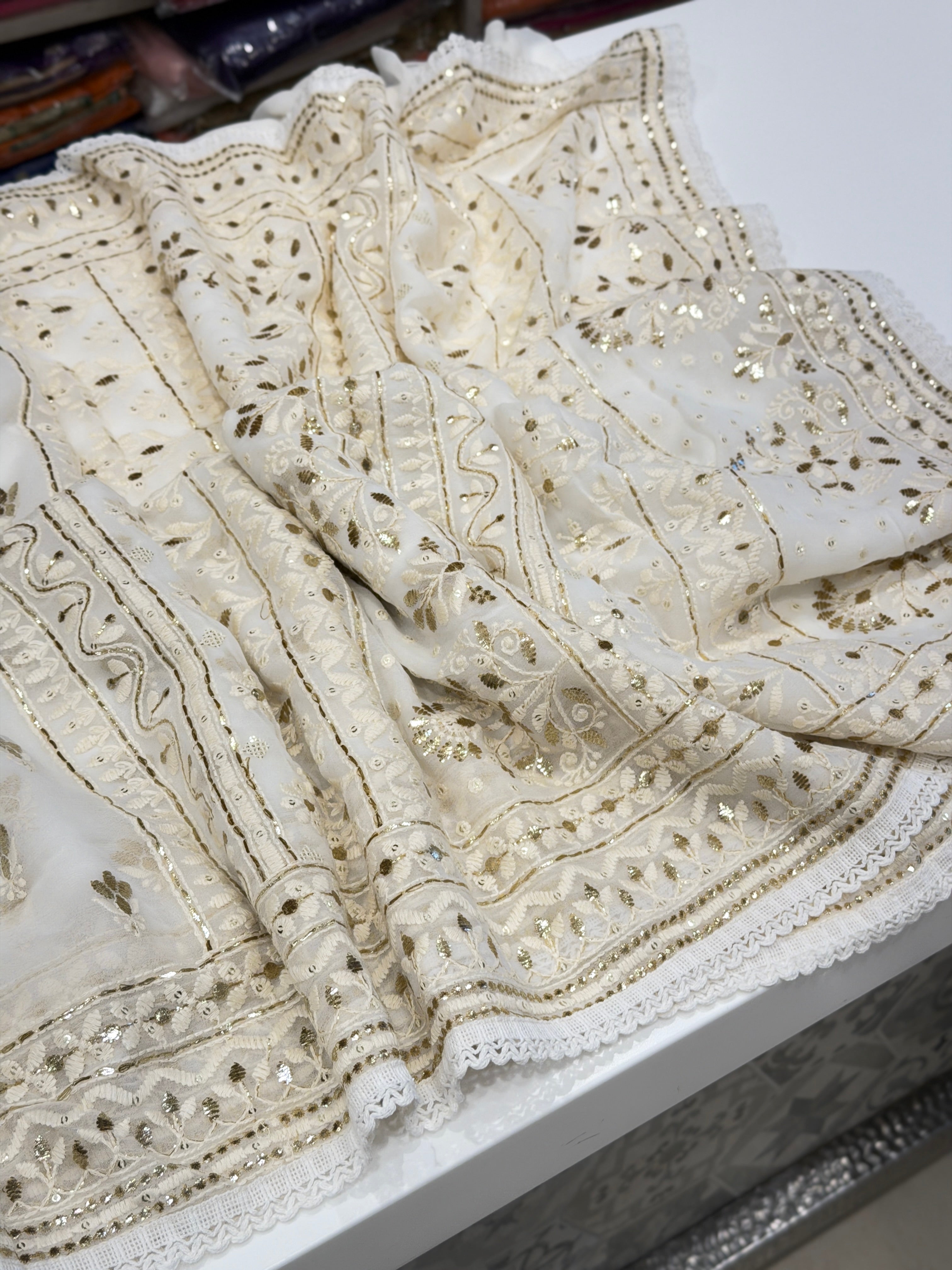 White Georgette Badla Embroidery Buttis Chikankari Saree