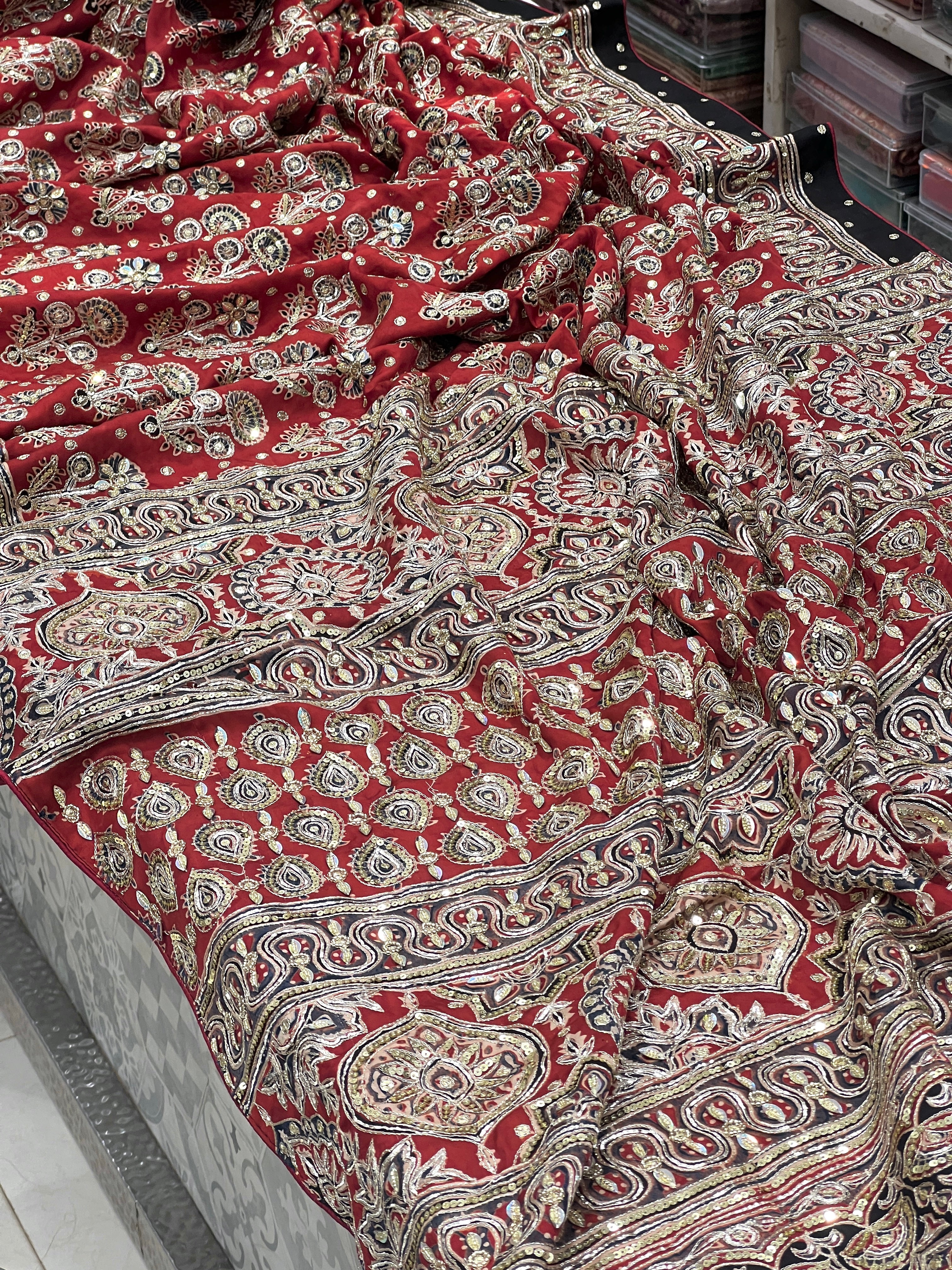 Red Buttis Pita Zardosi Sequin Ajrakh Hand Embroidery Saree