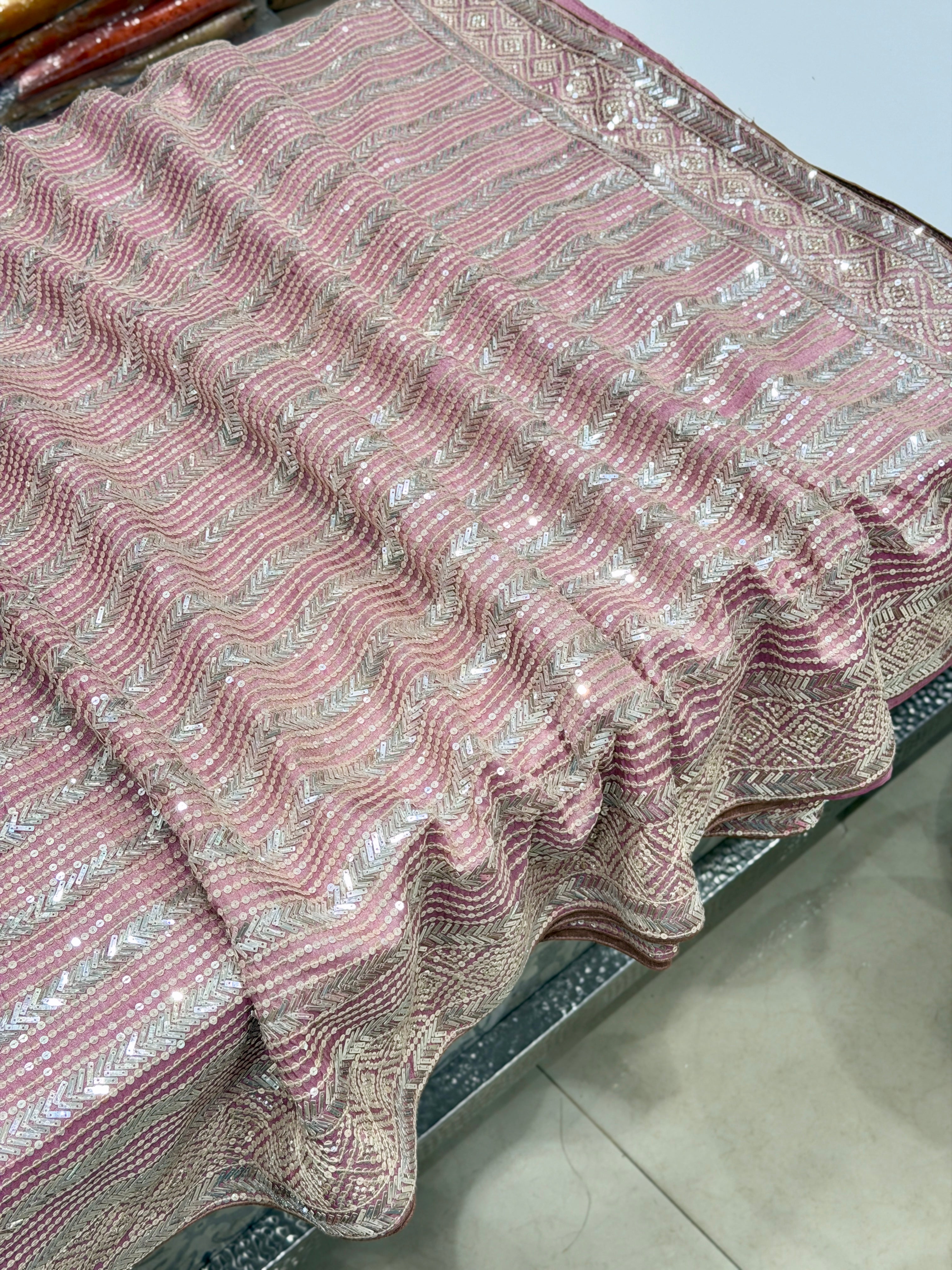 Pink Tissue Crepe Manish Malhotra Inspired Hand Embroidery Sequin Saree