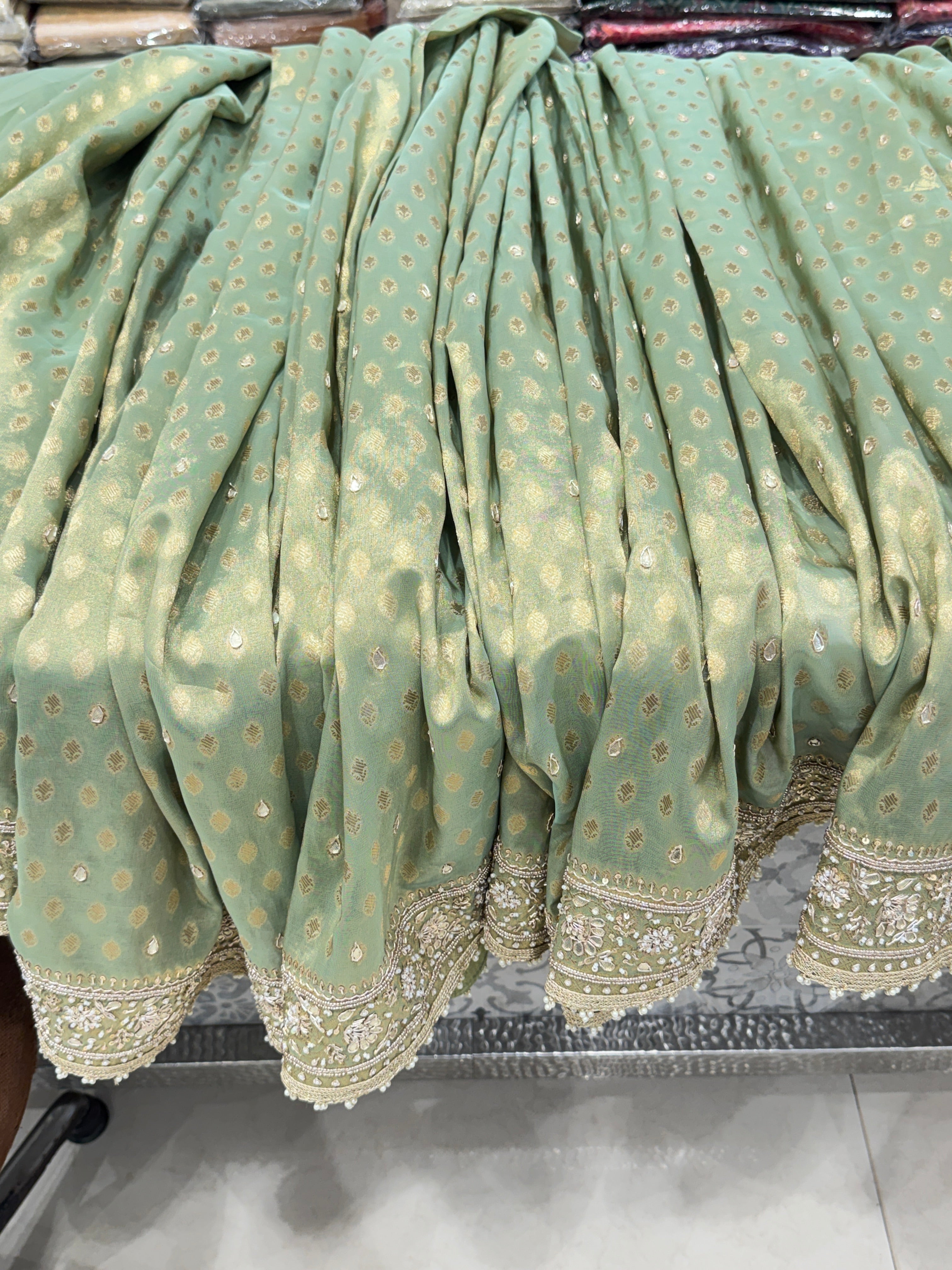 Pista Green Tissue Buttis Zardosi Gota Hand Embroidery Saree