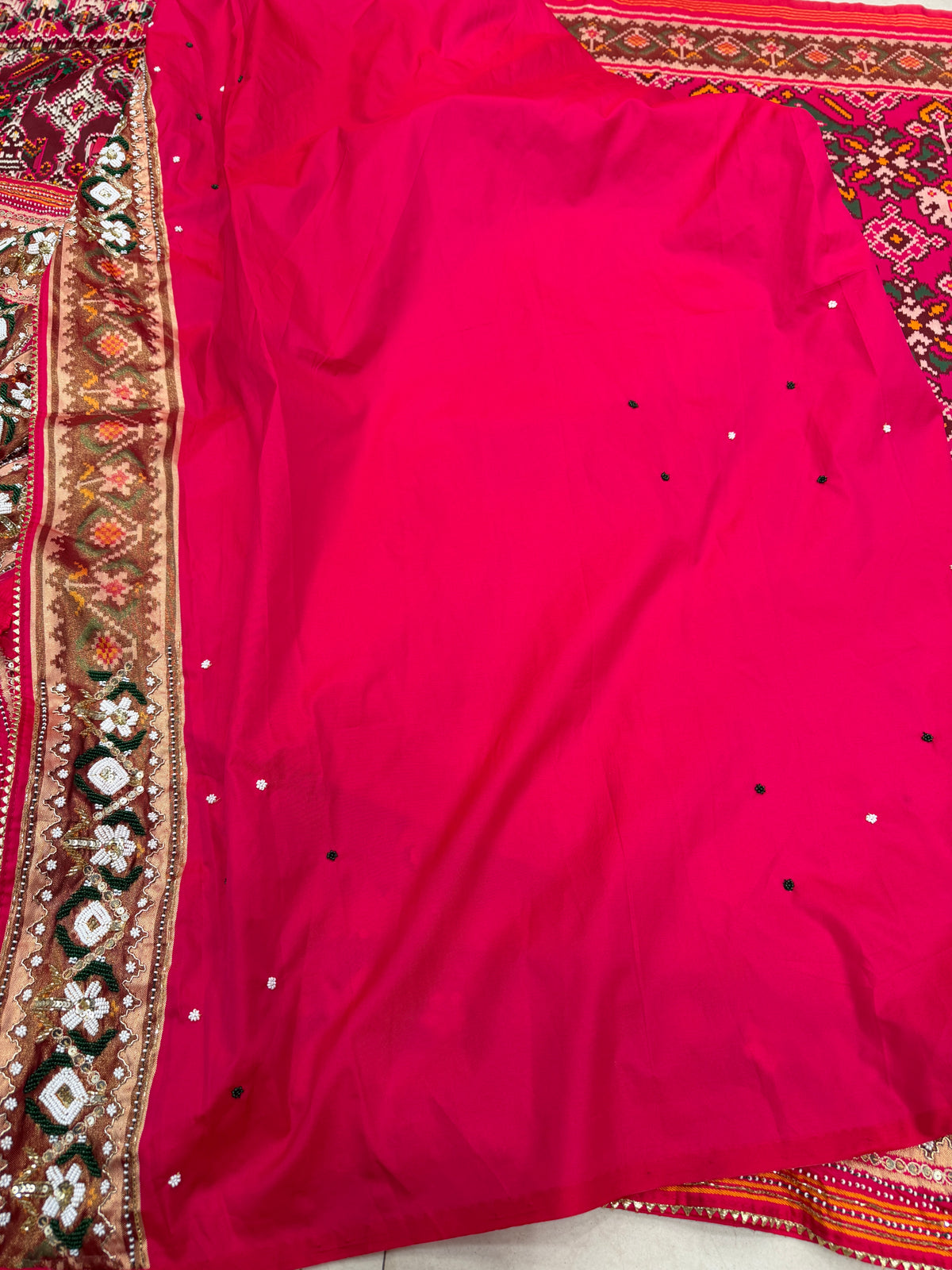 Rani Pink Semi Silk Patola Kidiya Moti Hand Embroidery Saree