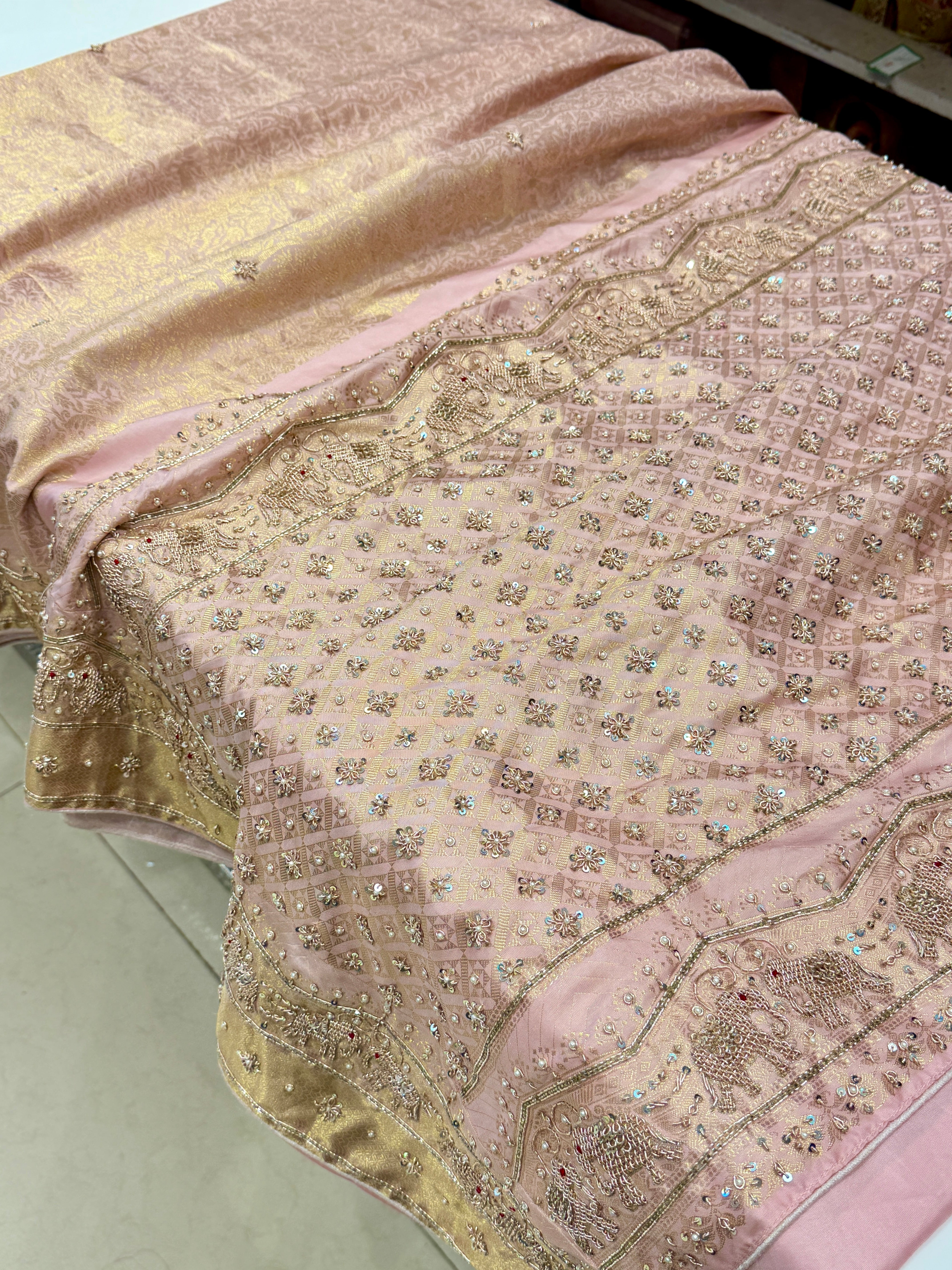 Light Pink Kanjivaram Elephant Motif Jaal Zardozi Hand Embroidery Saree