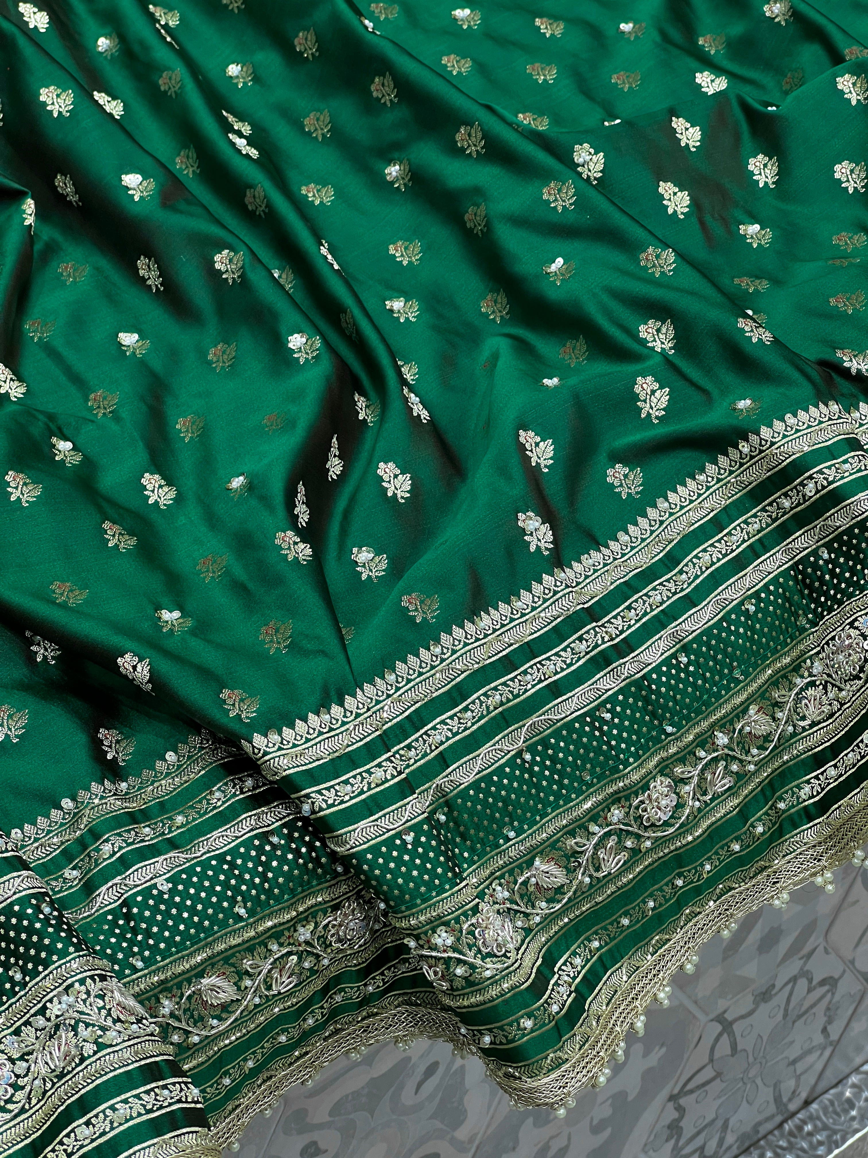 Green Banarasi Silk Butti Hand Embroidery Saree