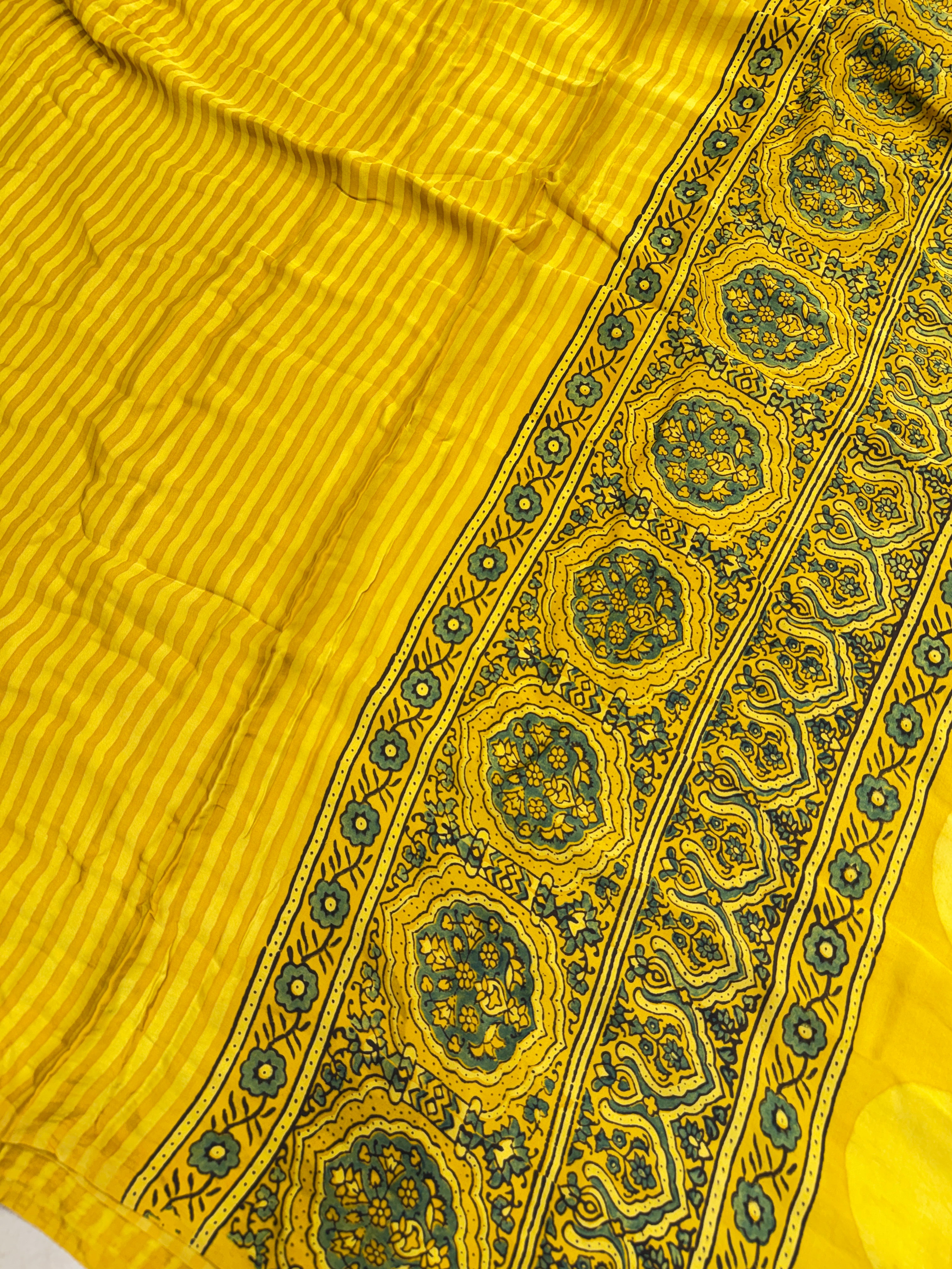 Yellow Contemporary Ajrakh Hand Block Print Pure Gajji Silk Saree