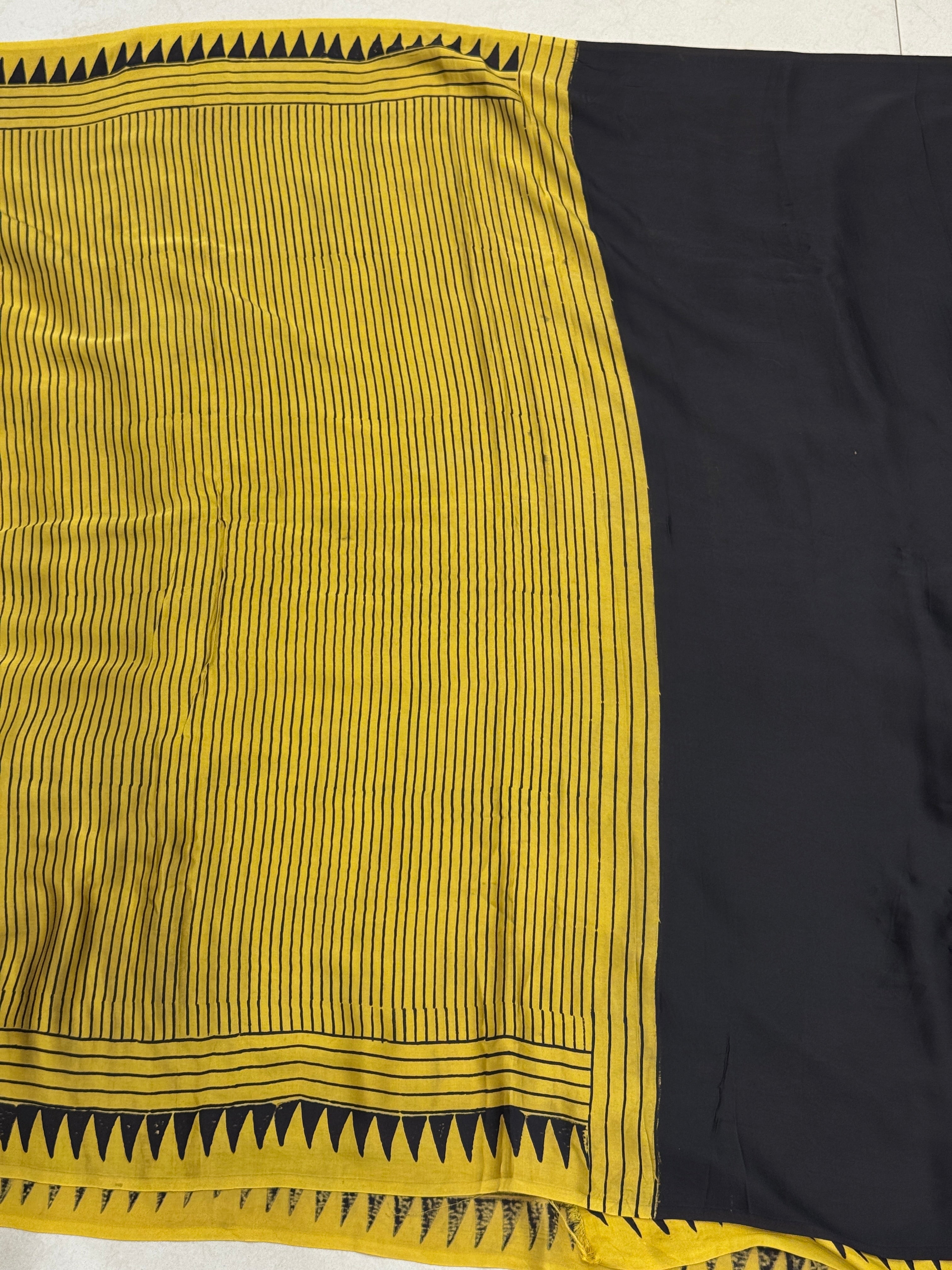 Yellow Contemporary Moon Pallu Ajrakh Saree Modal Gajji Silk Hand Block Print