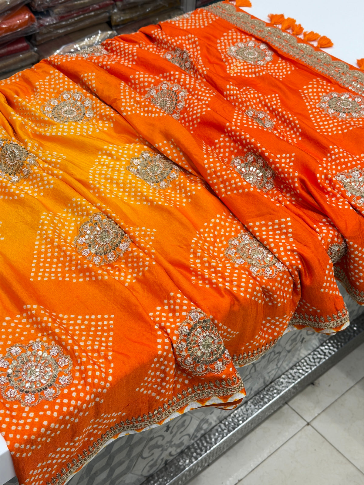 Orange Shaded Gajji Silk Rai Bandhej Gotapatti Marodi Hand Embroidery Saree
