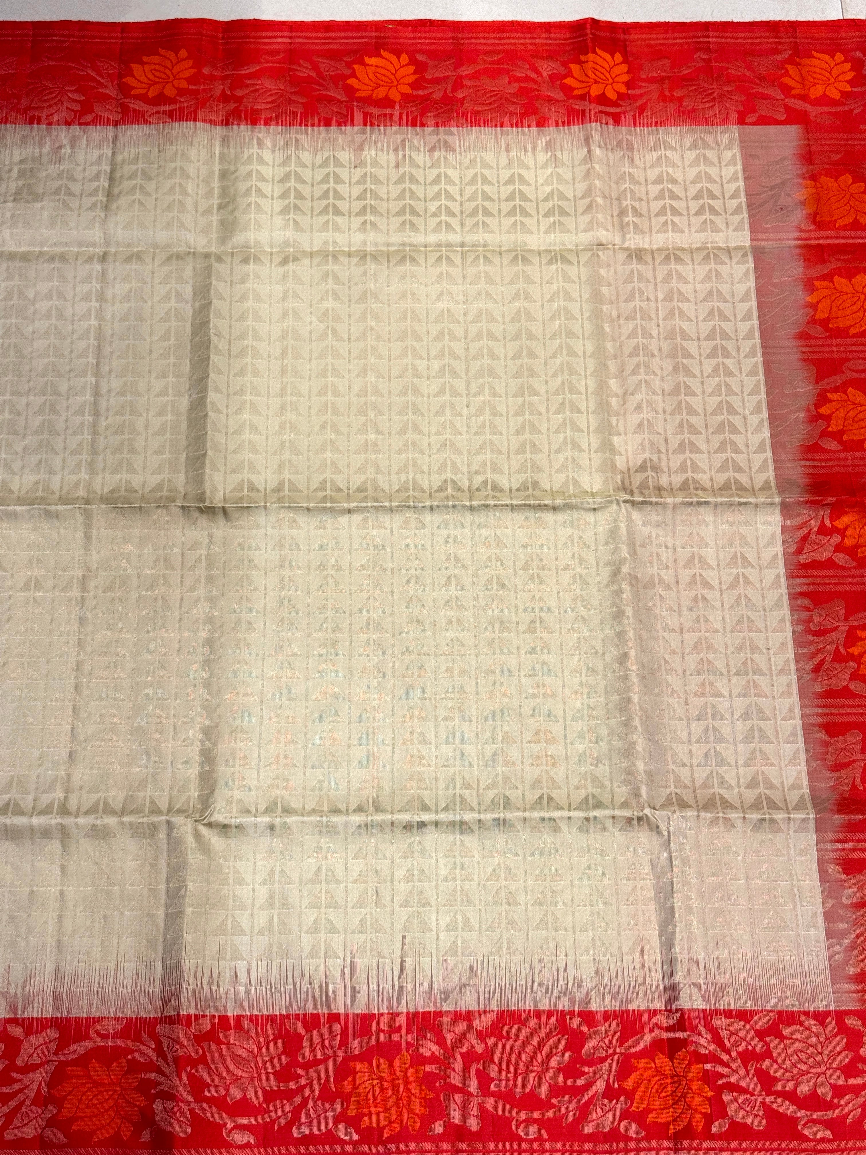 Moti White Red Jaal Pallu Contemporary Handloom Kanchipuram Pure Silk Saree