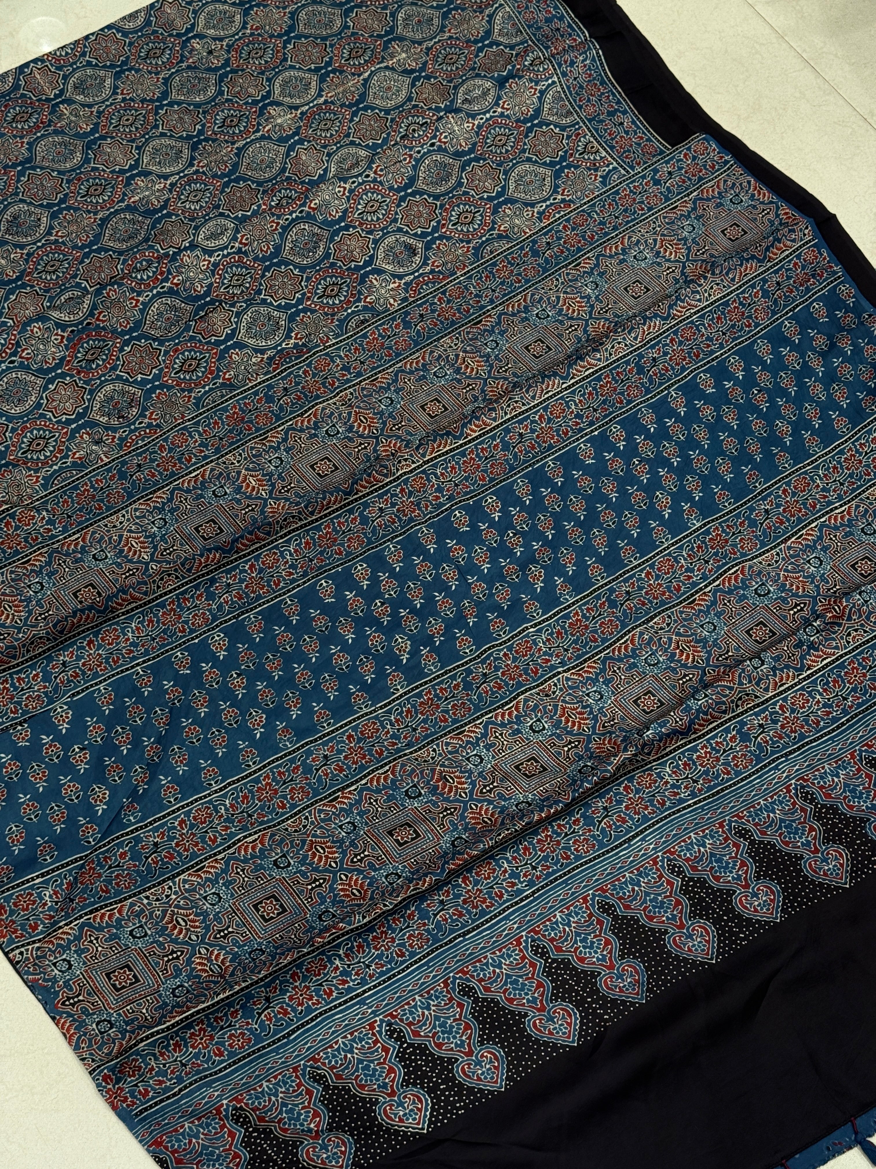 Blue Badam Jaal Ajrakh Block Print Hand Pure Gajji Silk Saree