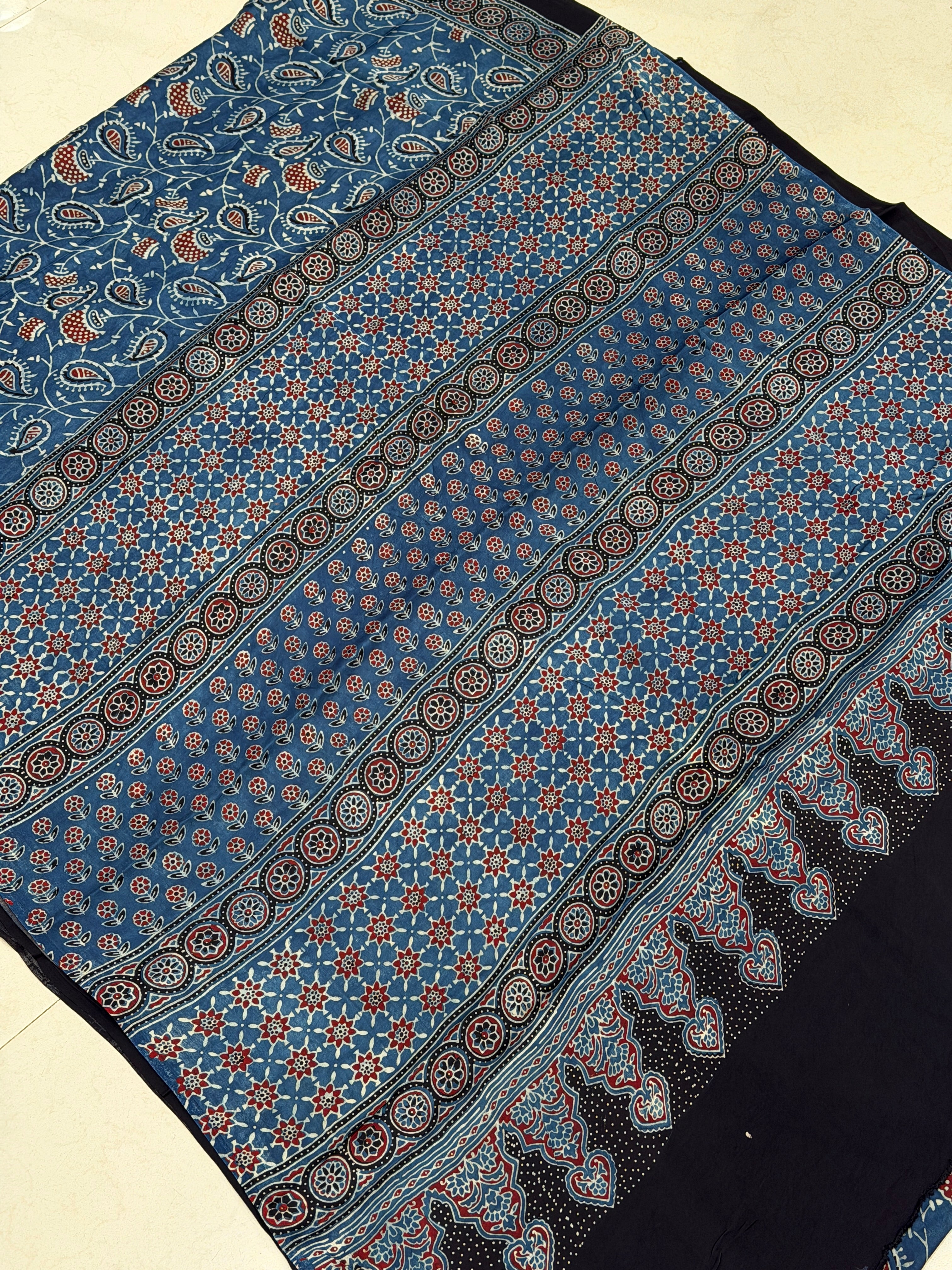 Blue Keri Jaal Ajrakh Hand Block Print Pure Modal Silk Saree