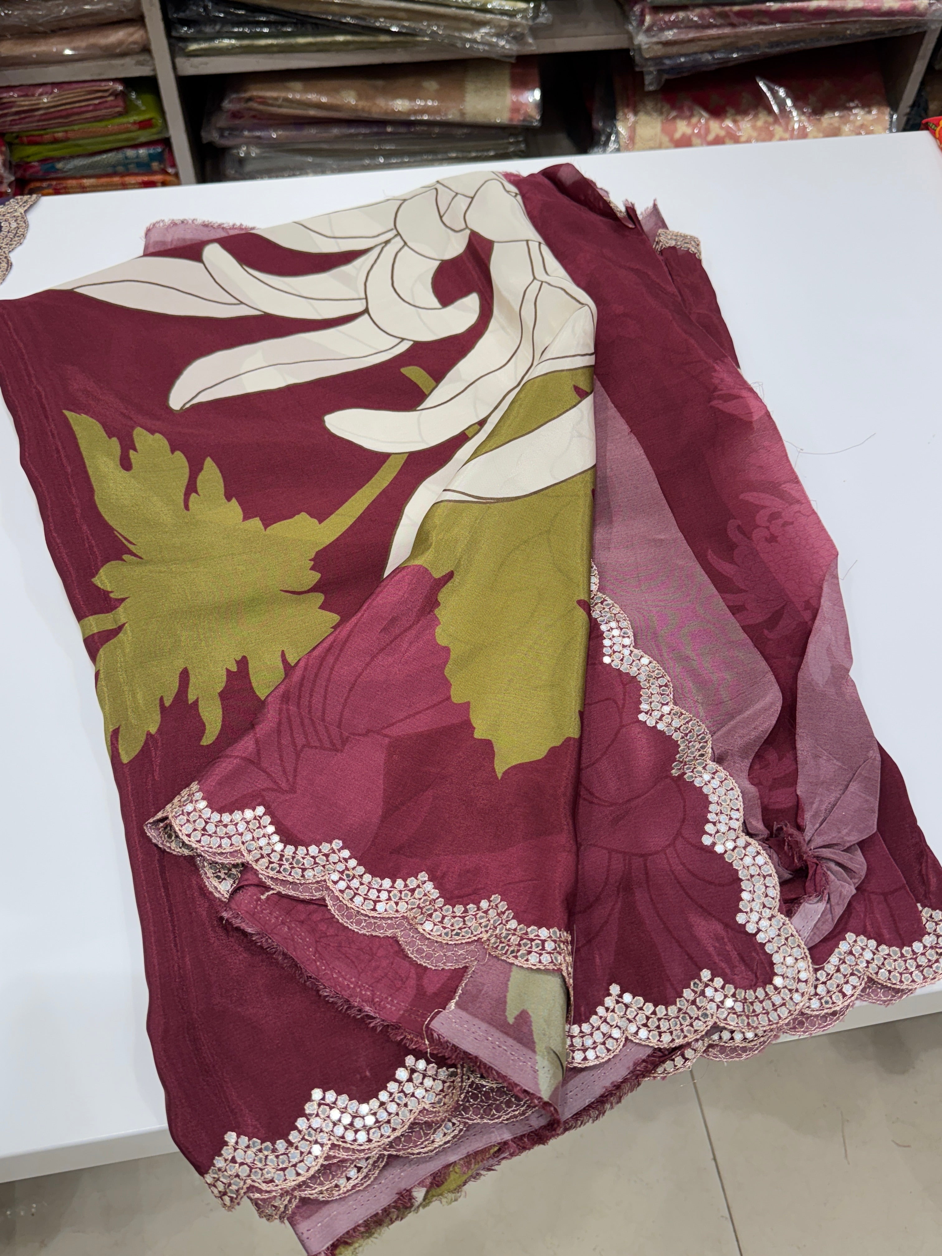 Crimson Floral Muslin Printed Saree