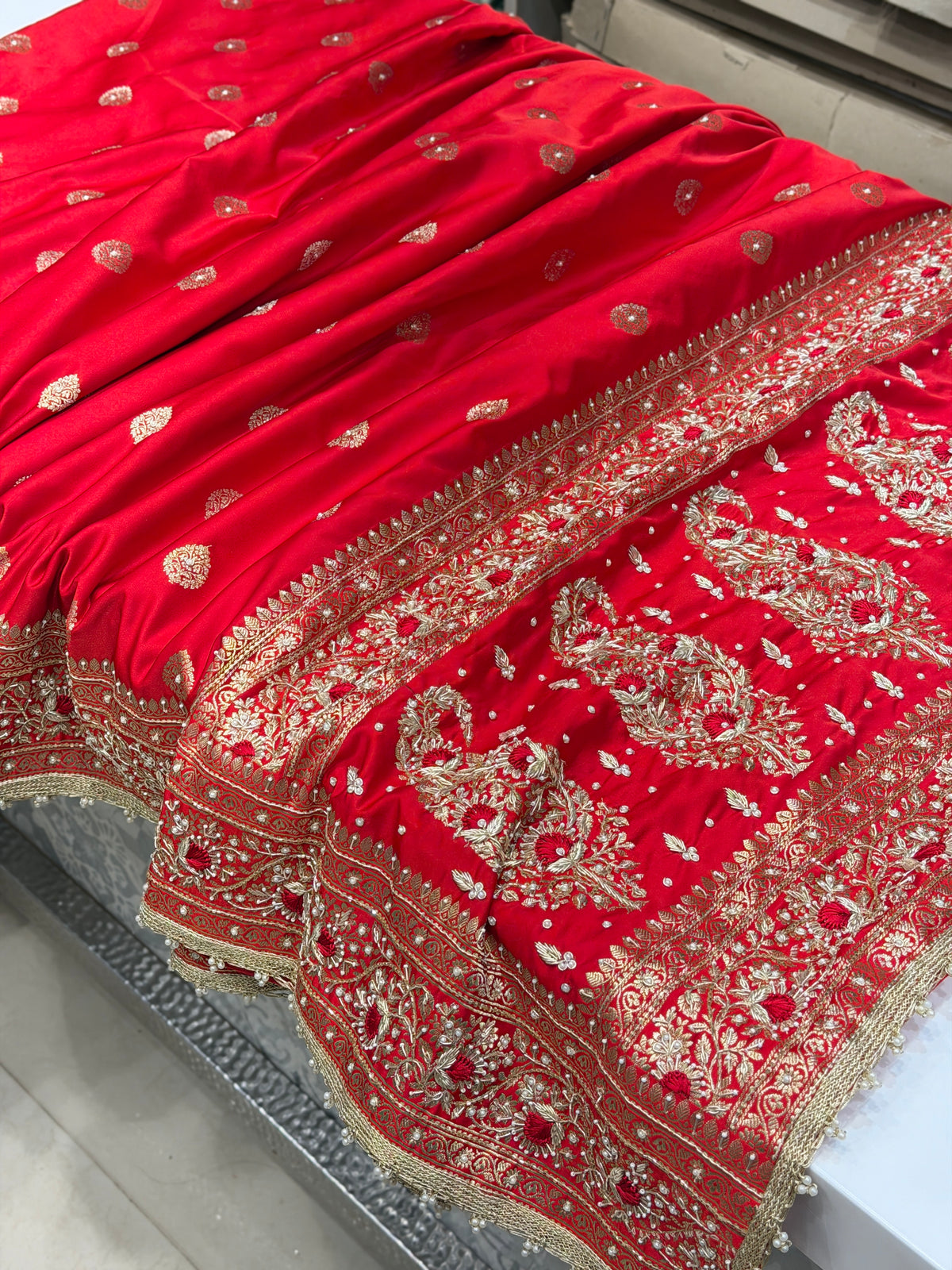 Red Banarasi Silk Butti Resham Hand Embroidery Saree