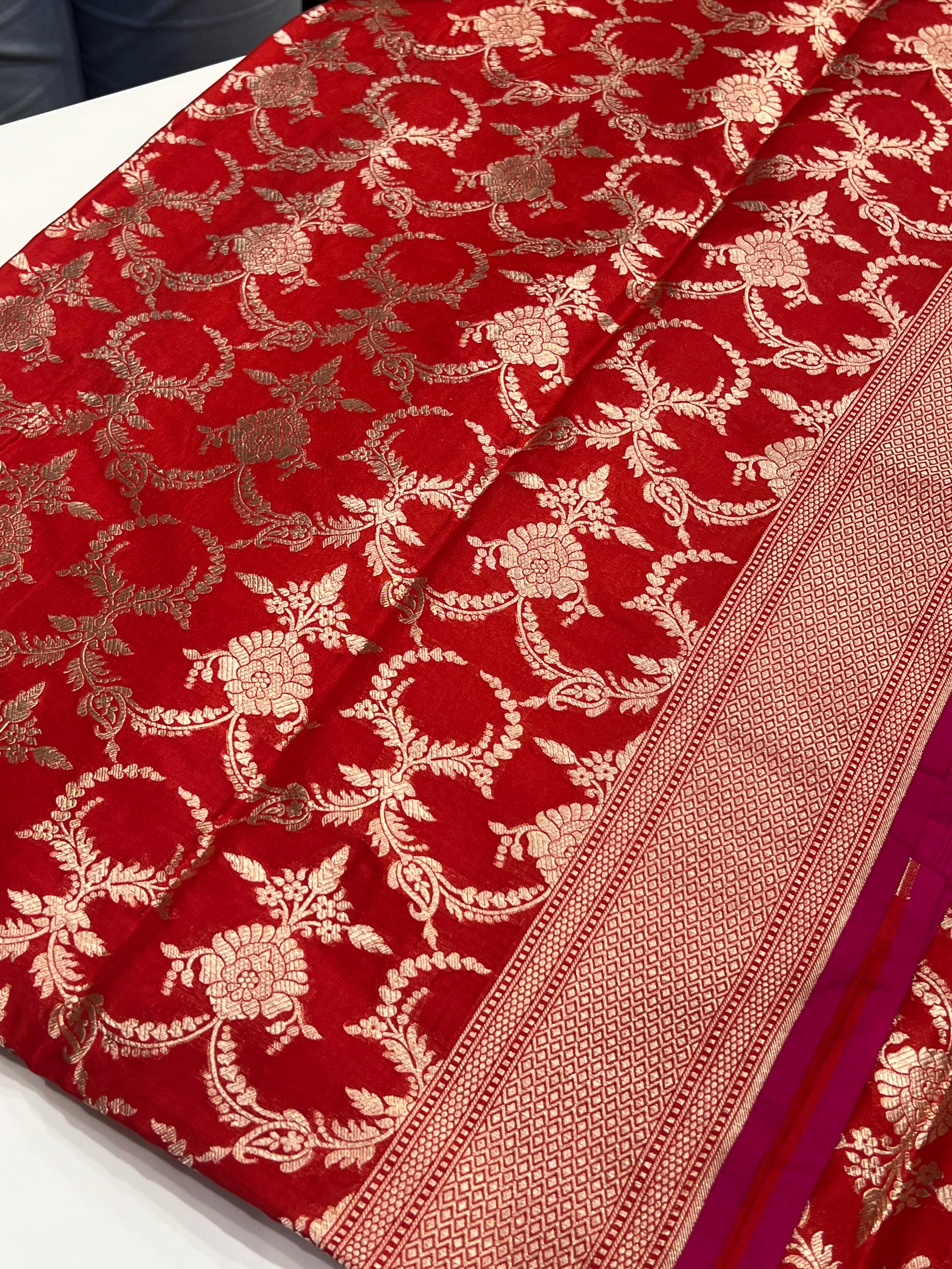 Red Katan Silk Floral Jaal with Rani Pink Piping Saree