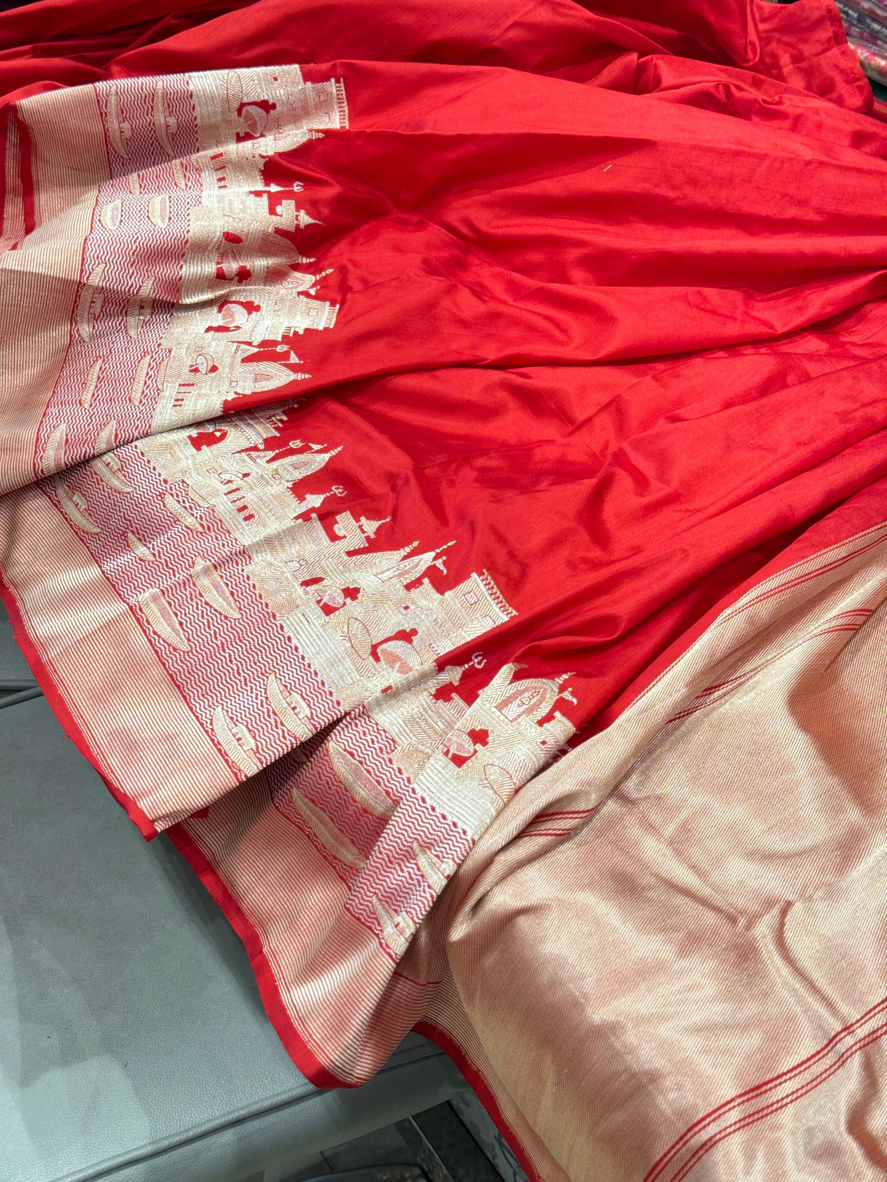 Red Banarasi Handloom Kashi Ganga Ghat Saree