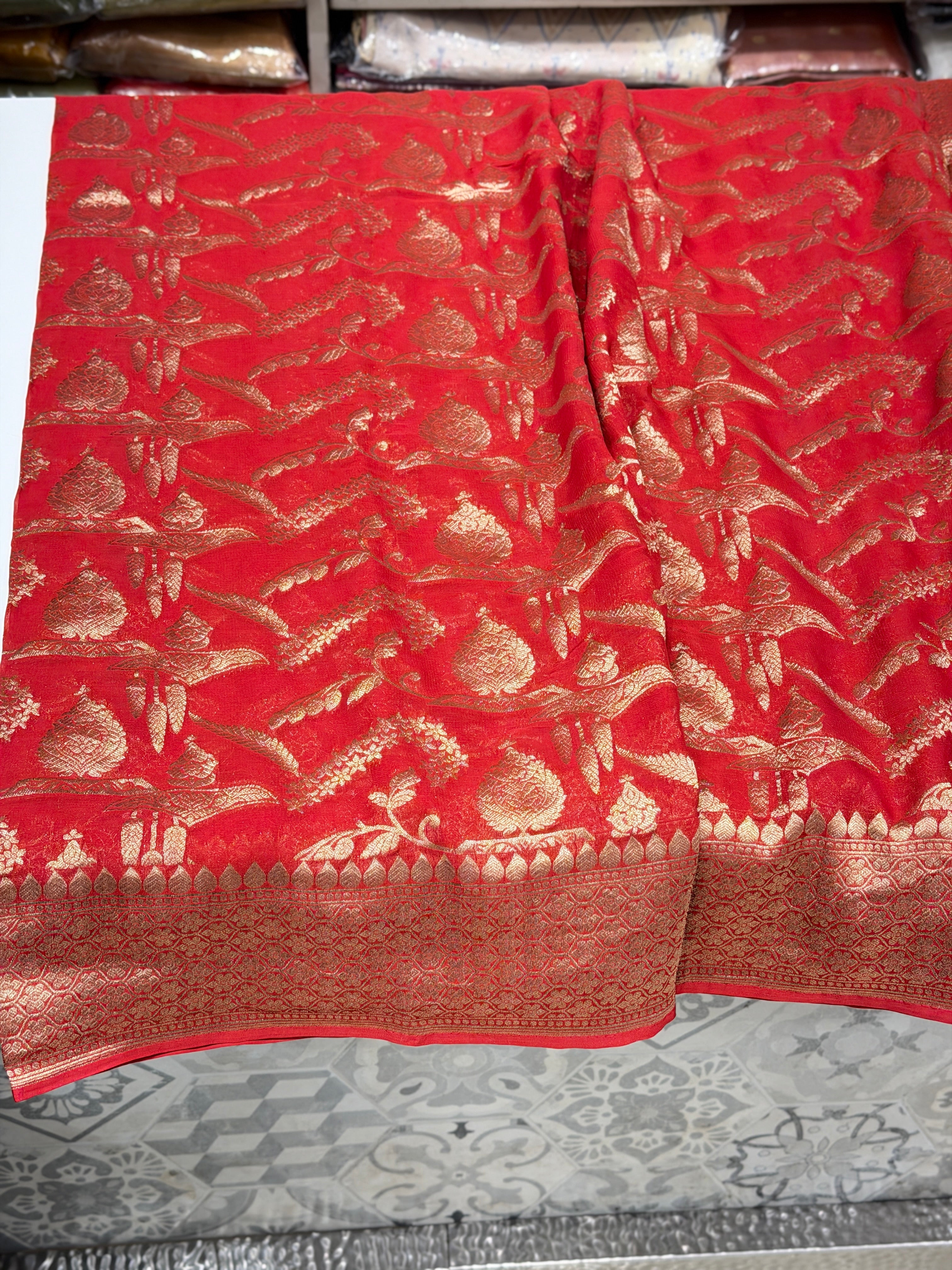 Red Crown Jaal Banarasi Khaddi Georgette Saree