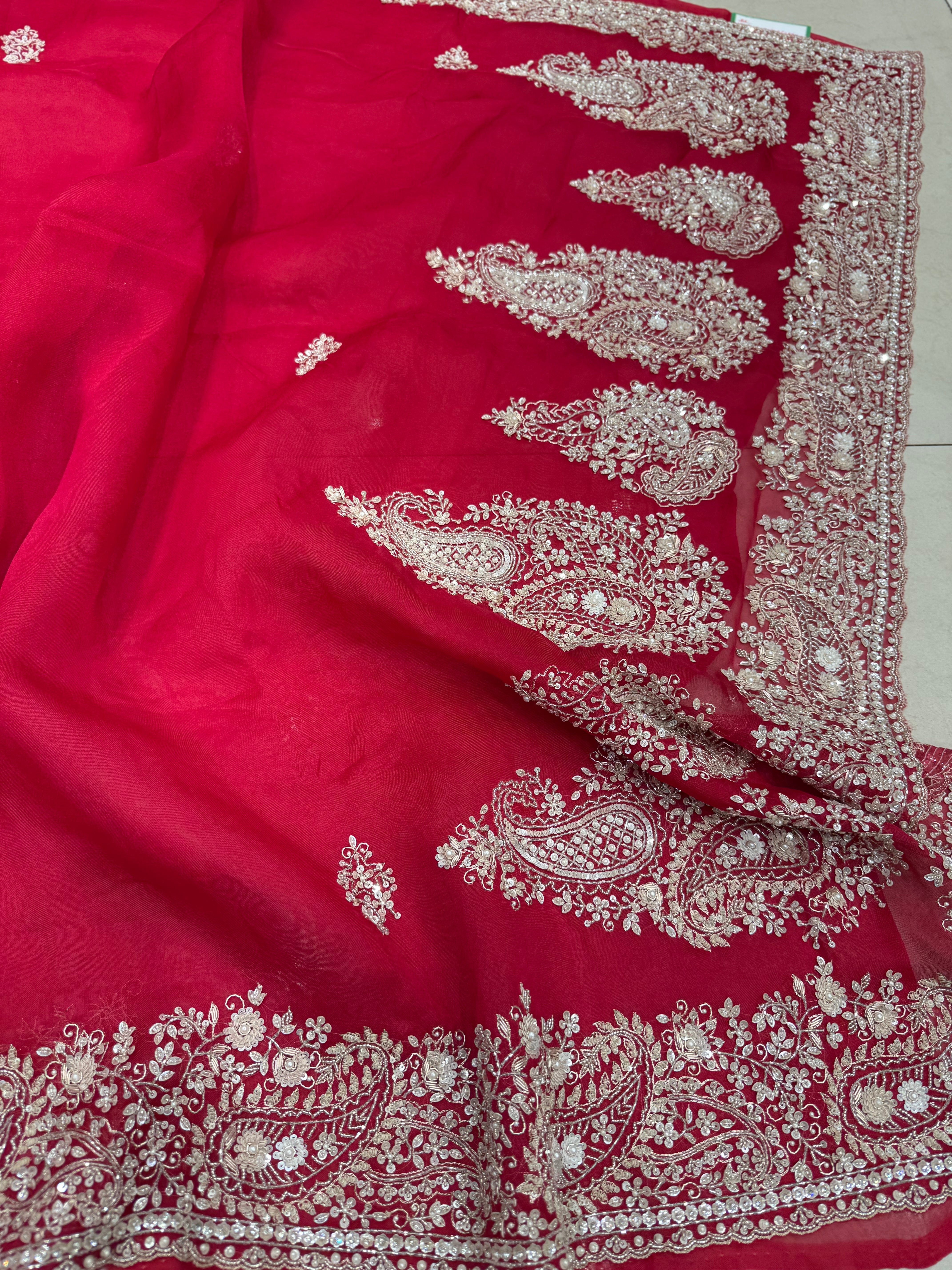 Red Organza Hand Embroidery Saree