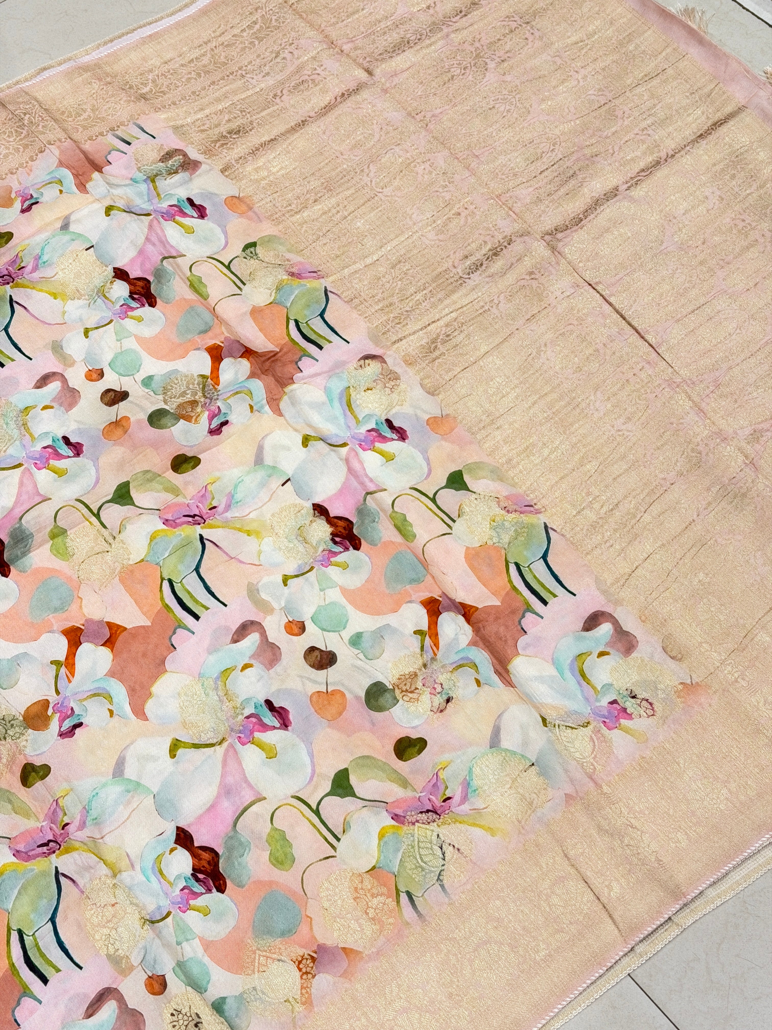 Pink Floral Multi Colour Print Munga Soft Silk Saree