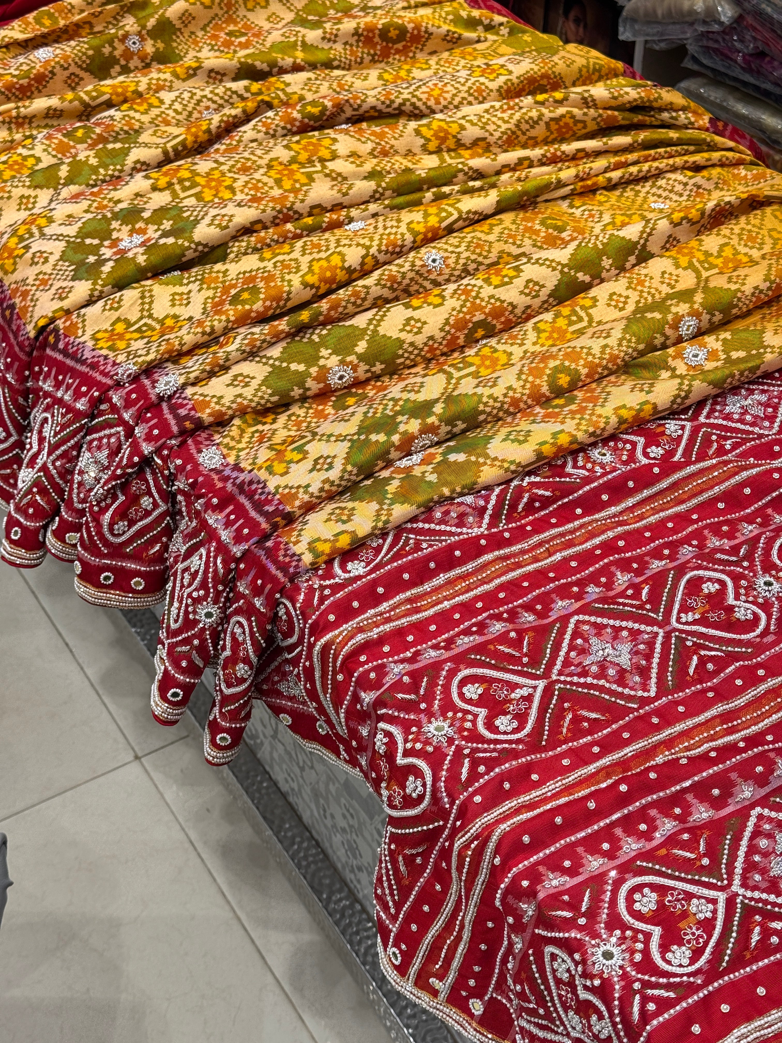 Mustard Yellow Pure Silk Patola Zardosi Hand Embroidery Saree