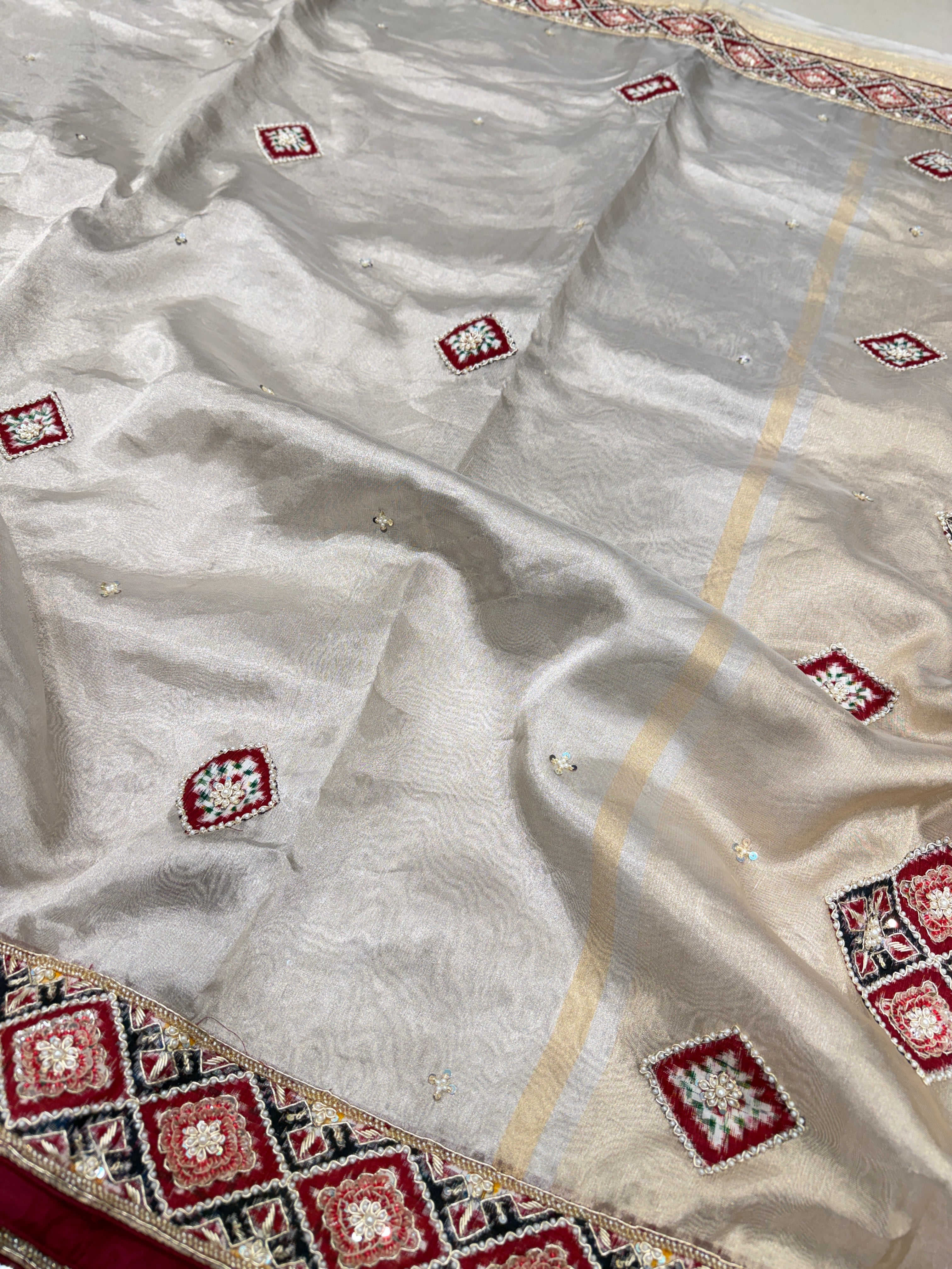 Silver Pure Tissue Patan Patola Patch Hand Embroidery Saree