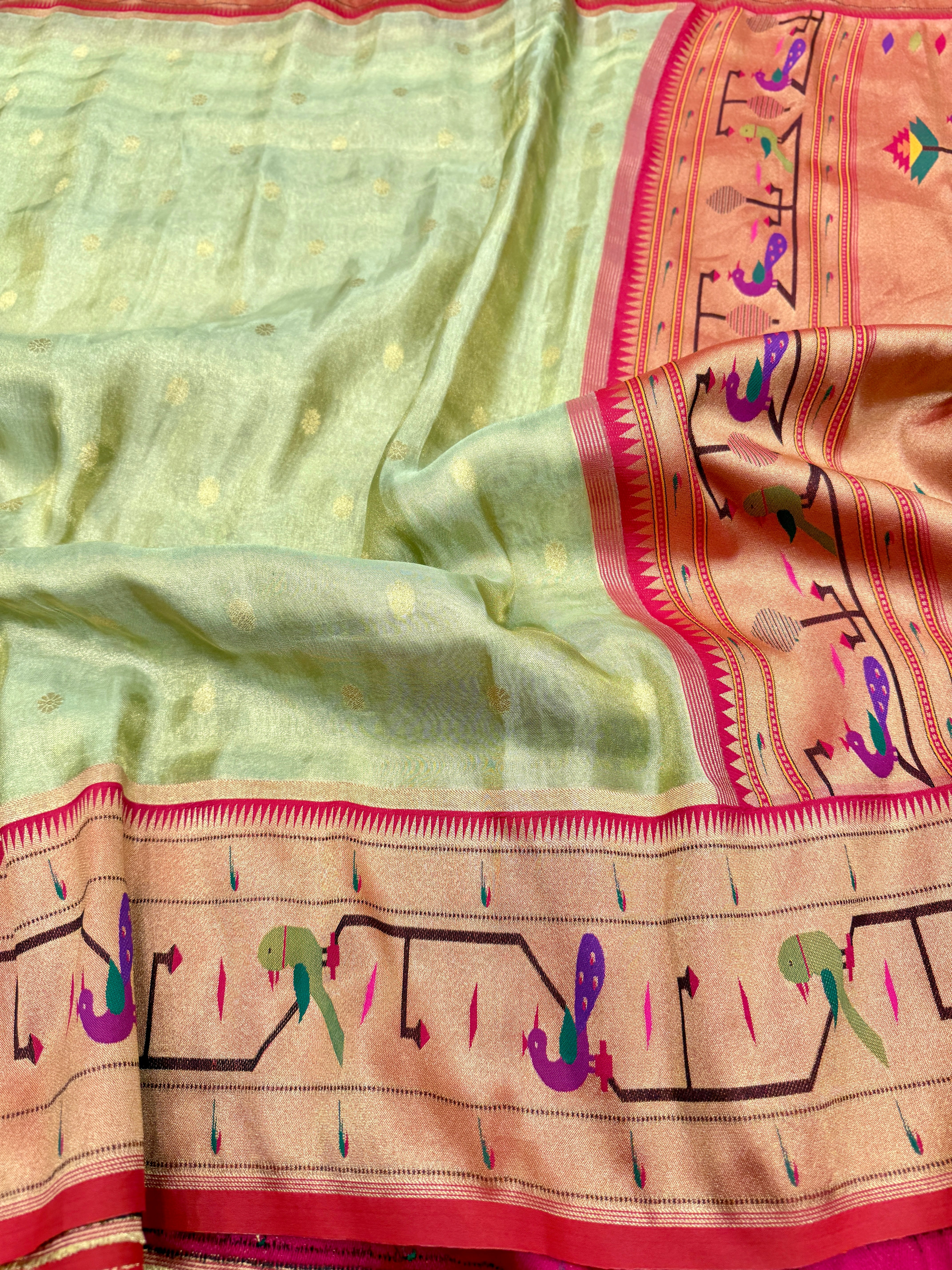 Pista Green Tissue Paithani Peacock Parrot Border Saree