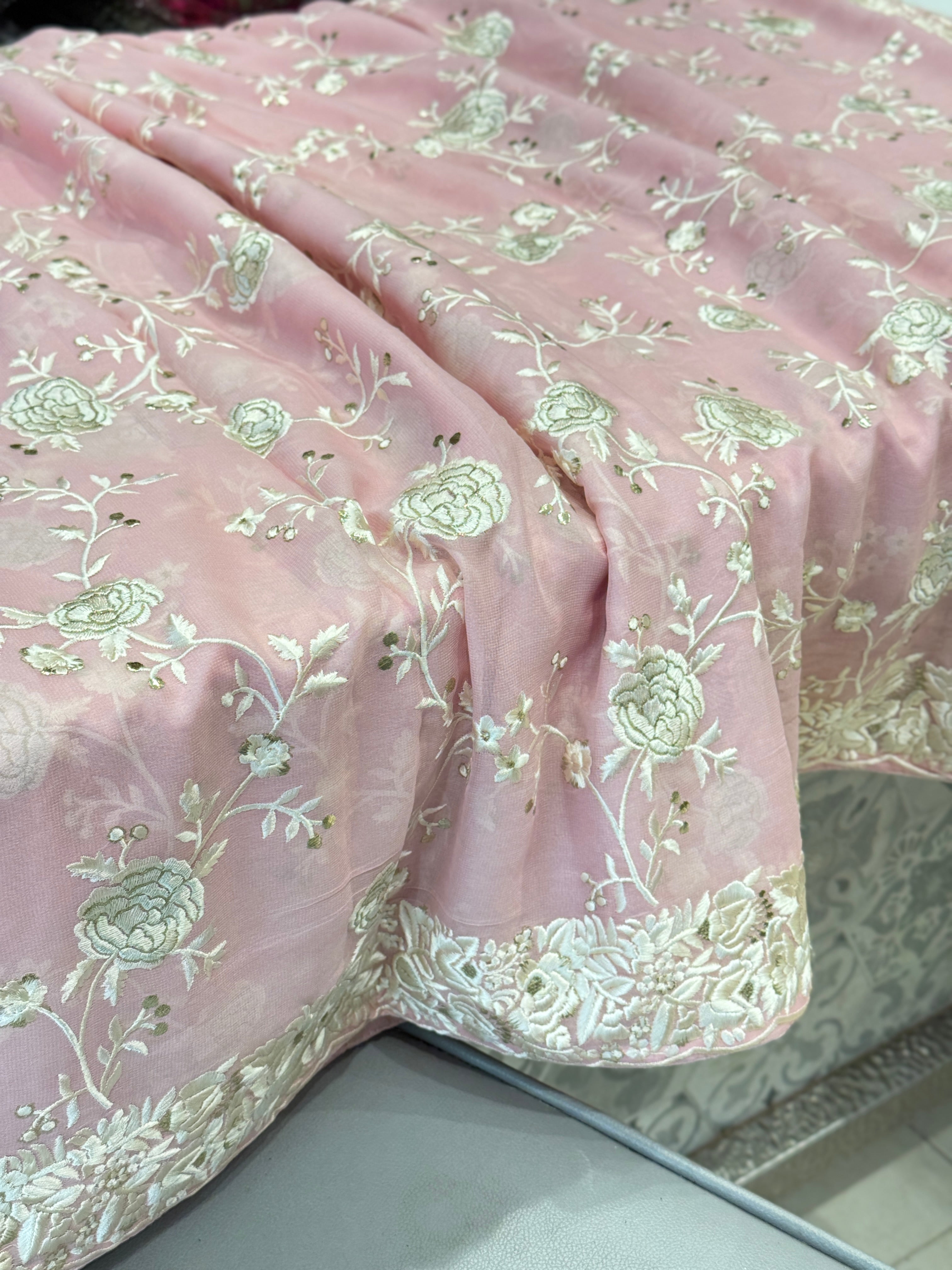 Pink Georgette Parsi Gara with Floral Embroidery