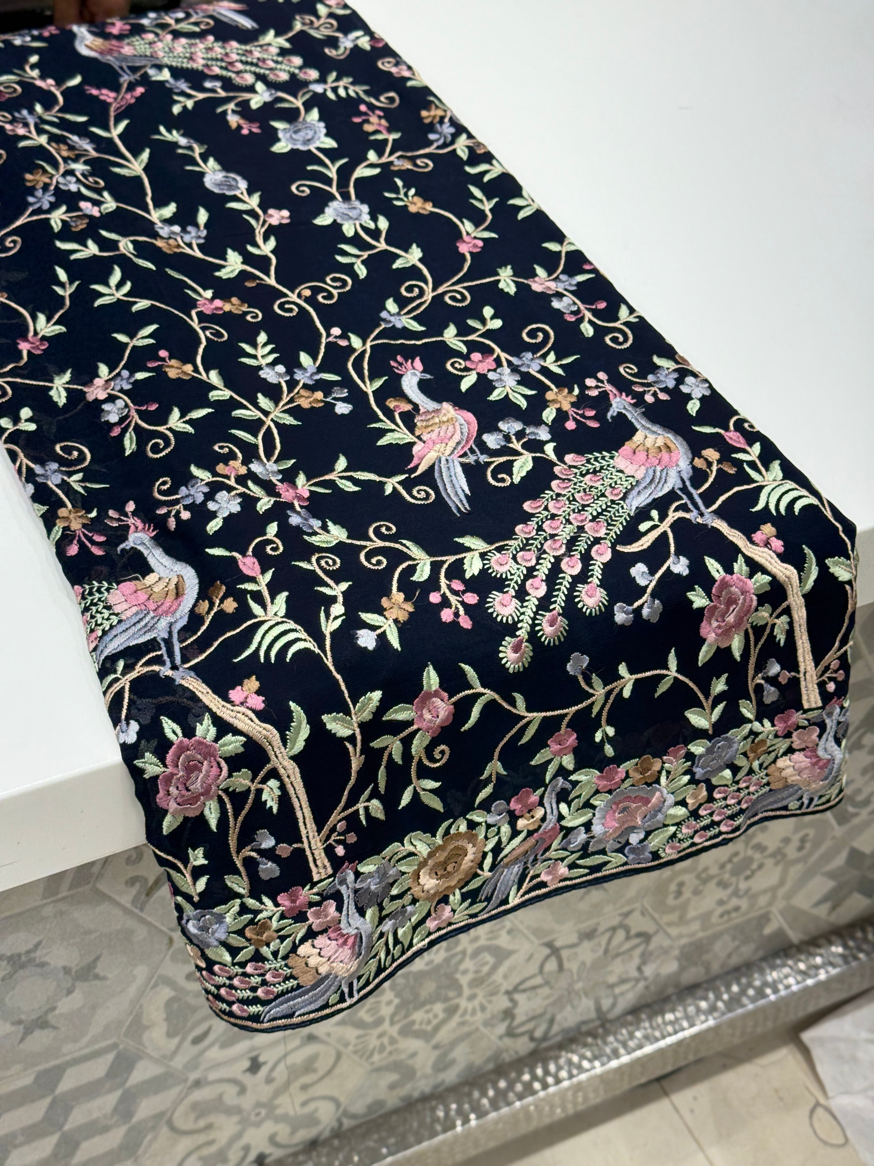 Dark Navy Blue Georgette Parsi Gara Mor Design Saree