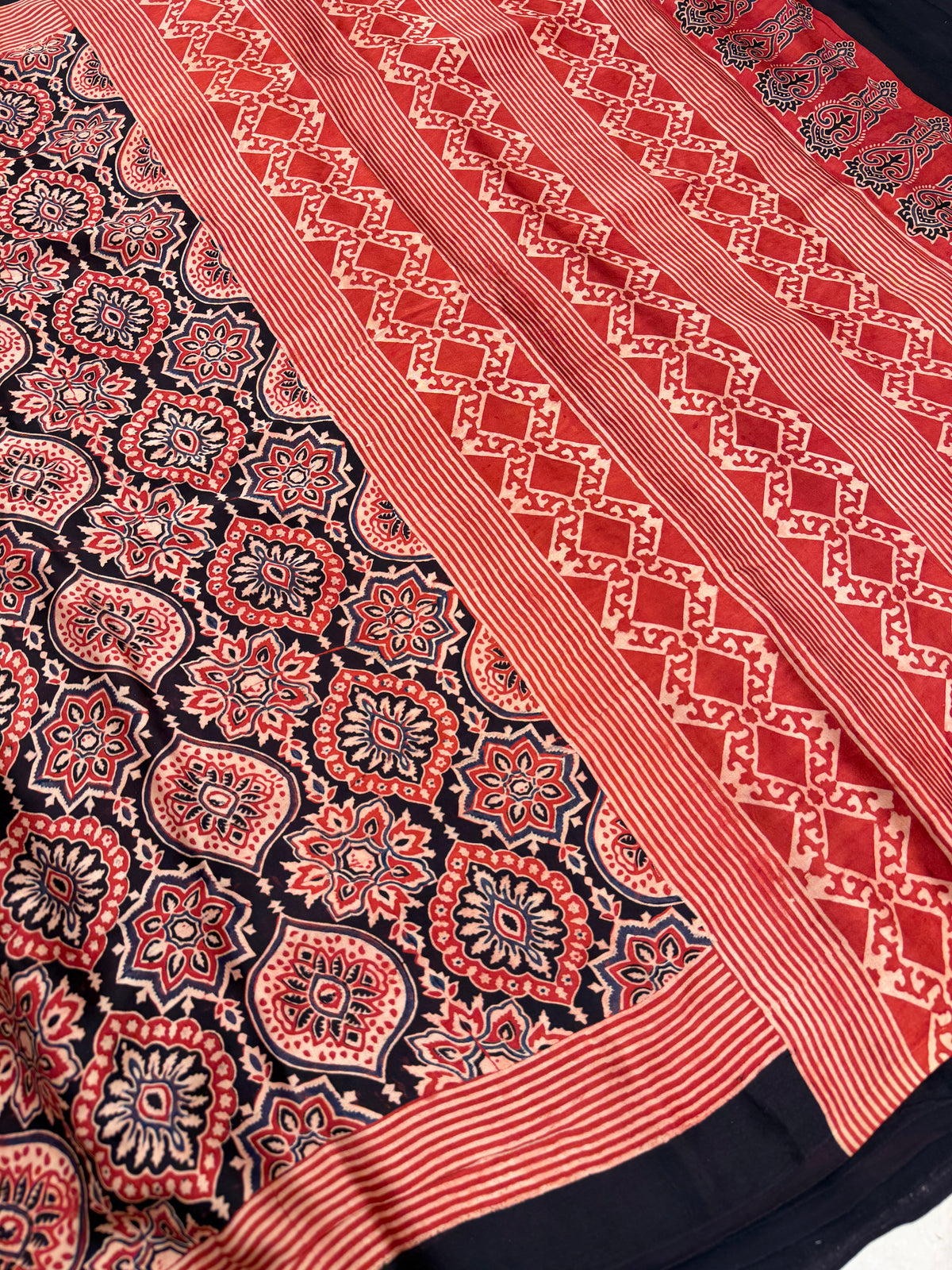 Red Badam Butta Jaal Ajrakh Hand Block Print Pure Gajji Silk Saree