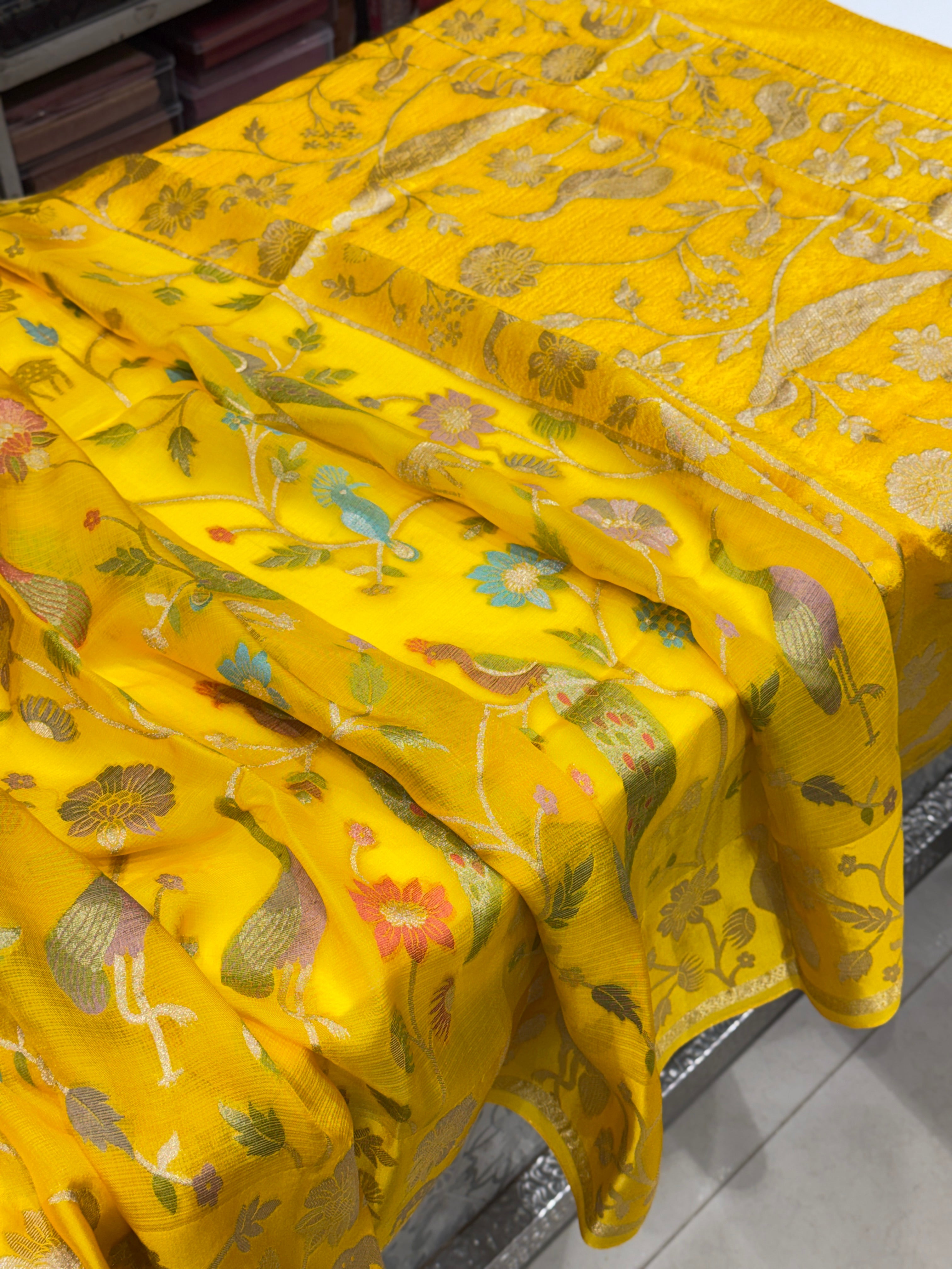 Yellow Meenakari Manipuri Kora Silk Saree