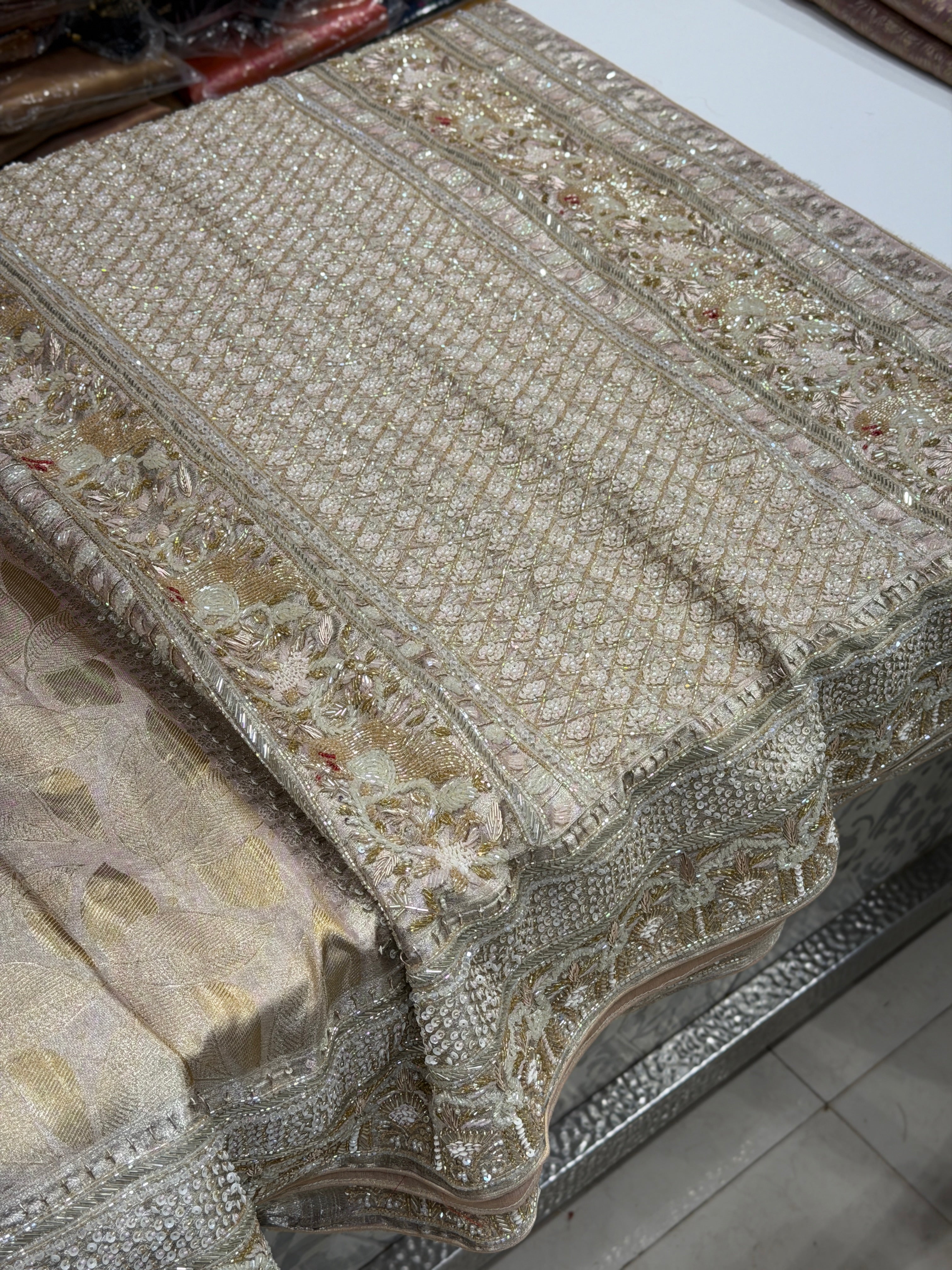 Nude Pink Silver Kanjivaram Three Zari Hand Embroidery Zardosi Moti Sequin Saree