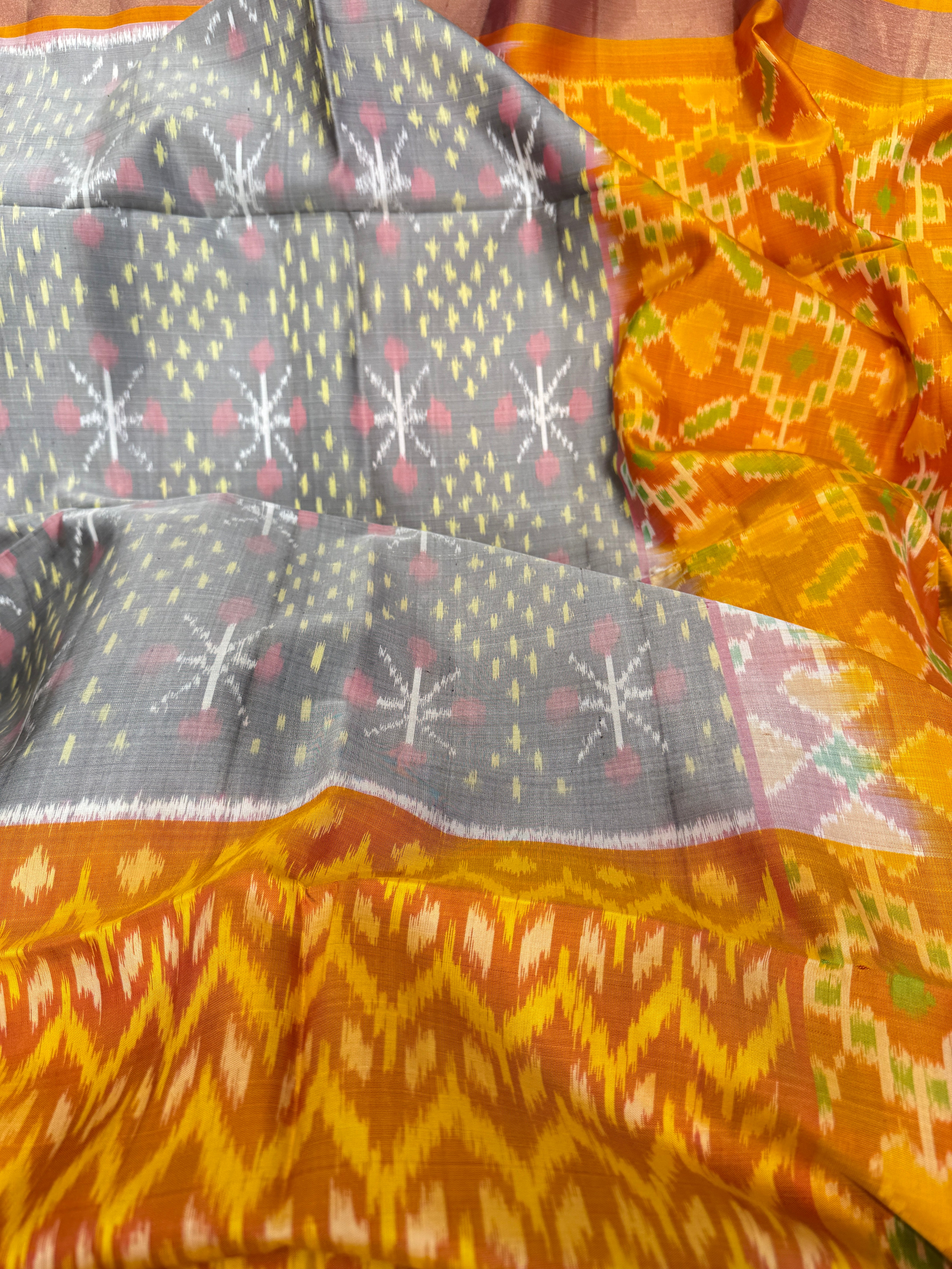 Grey Yellow Pochampally Ikat Silk Patola Saree