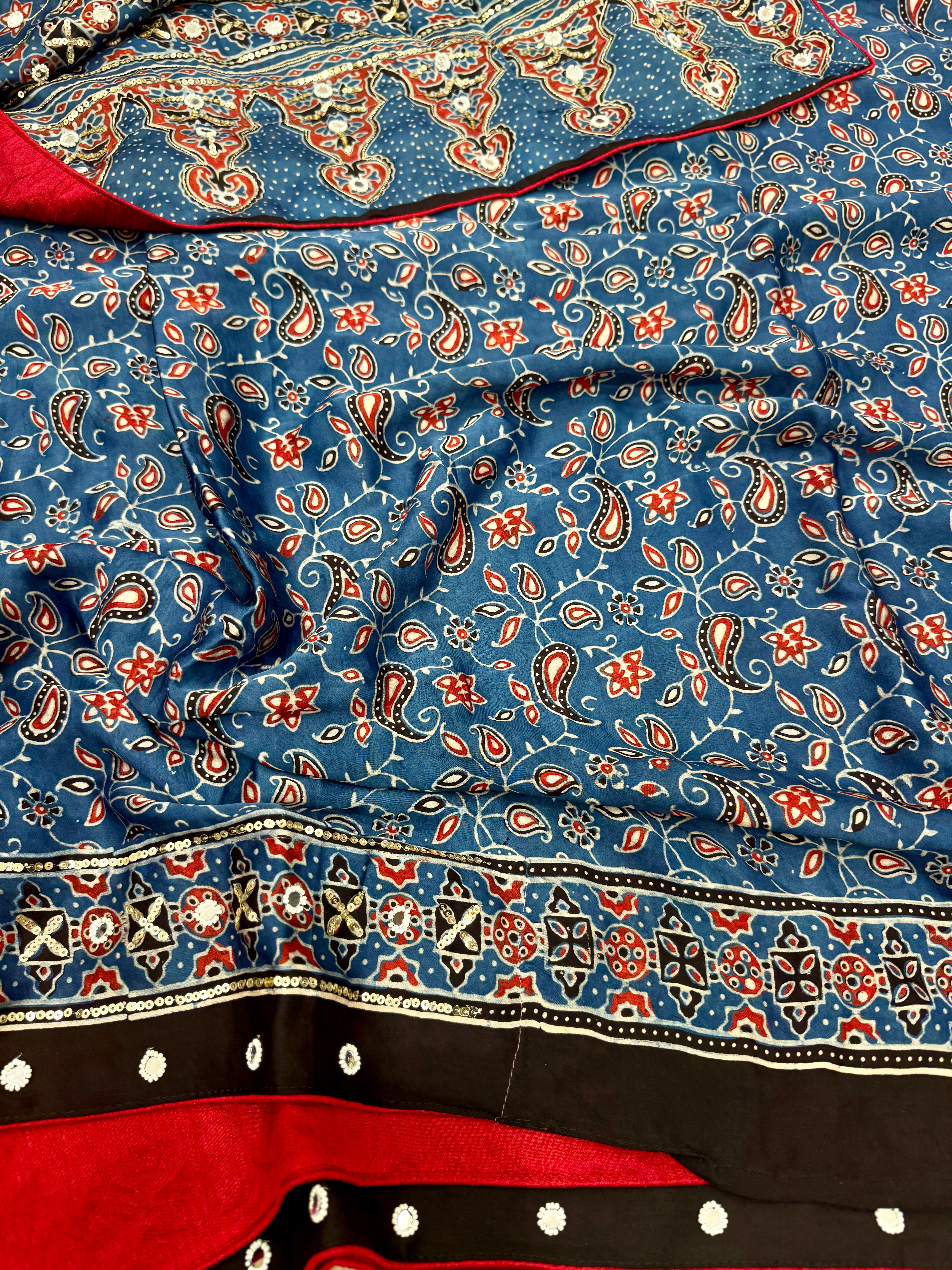 Blue Badam Butta Ajrakh Sequin Mirror Moti Hand Embroidery Saree