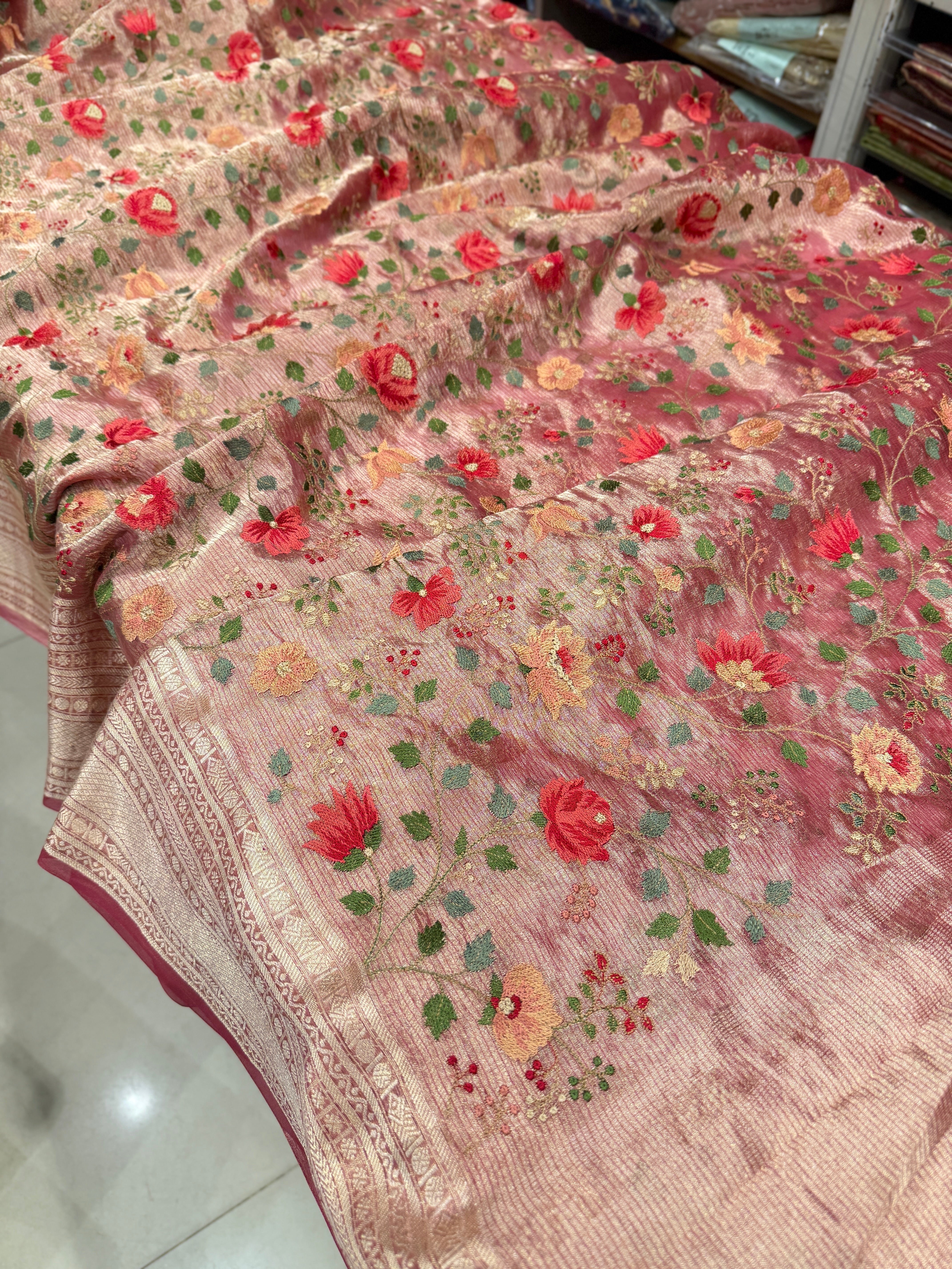 Crimson Zari Tissue Resham Embroidery Saree