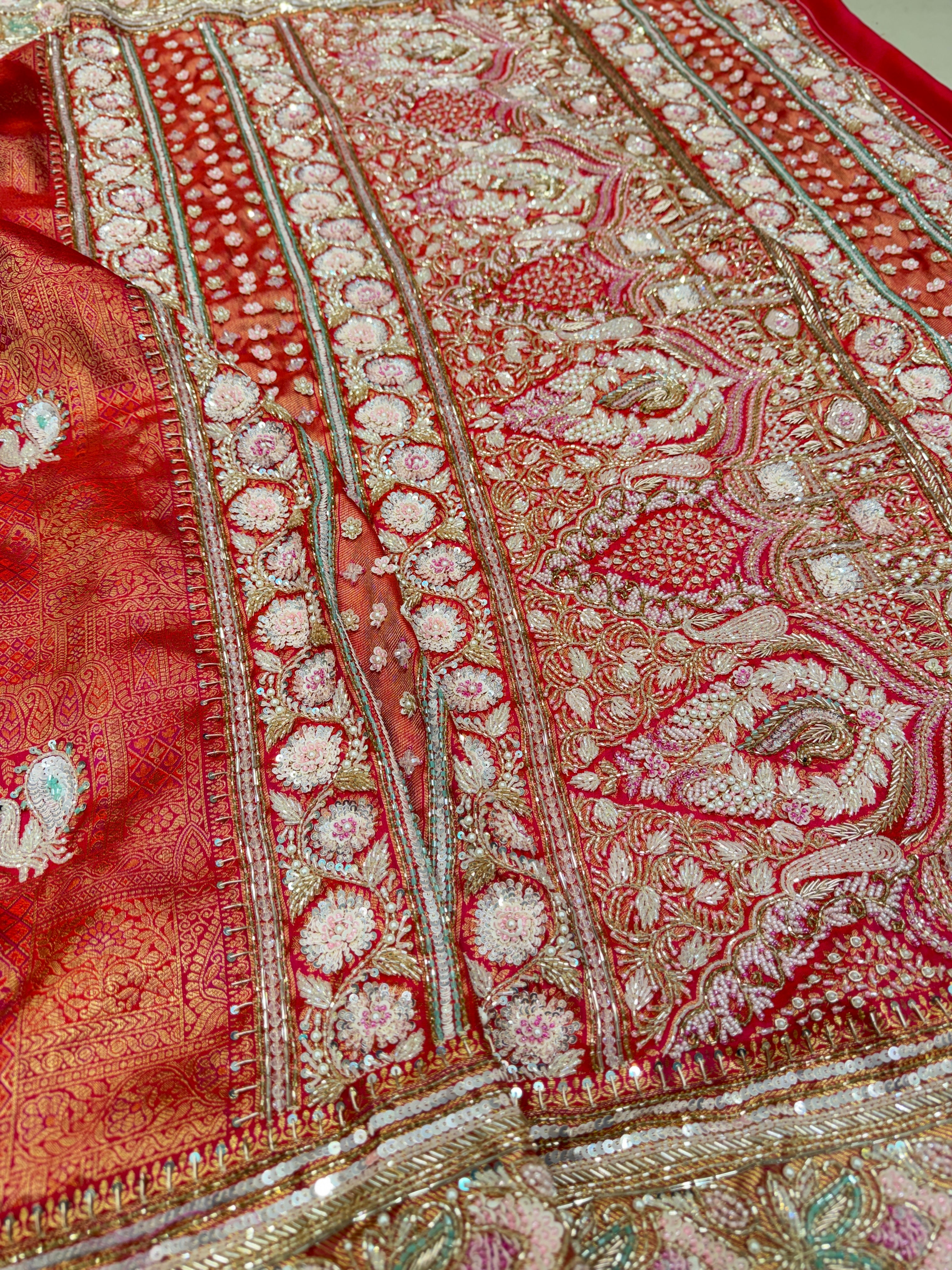 Rani Pink Kanjivaram Moti Zardosi Peacock Motif Hand Embroidery Saree