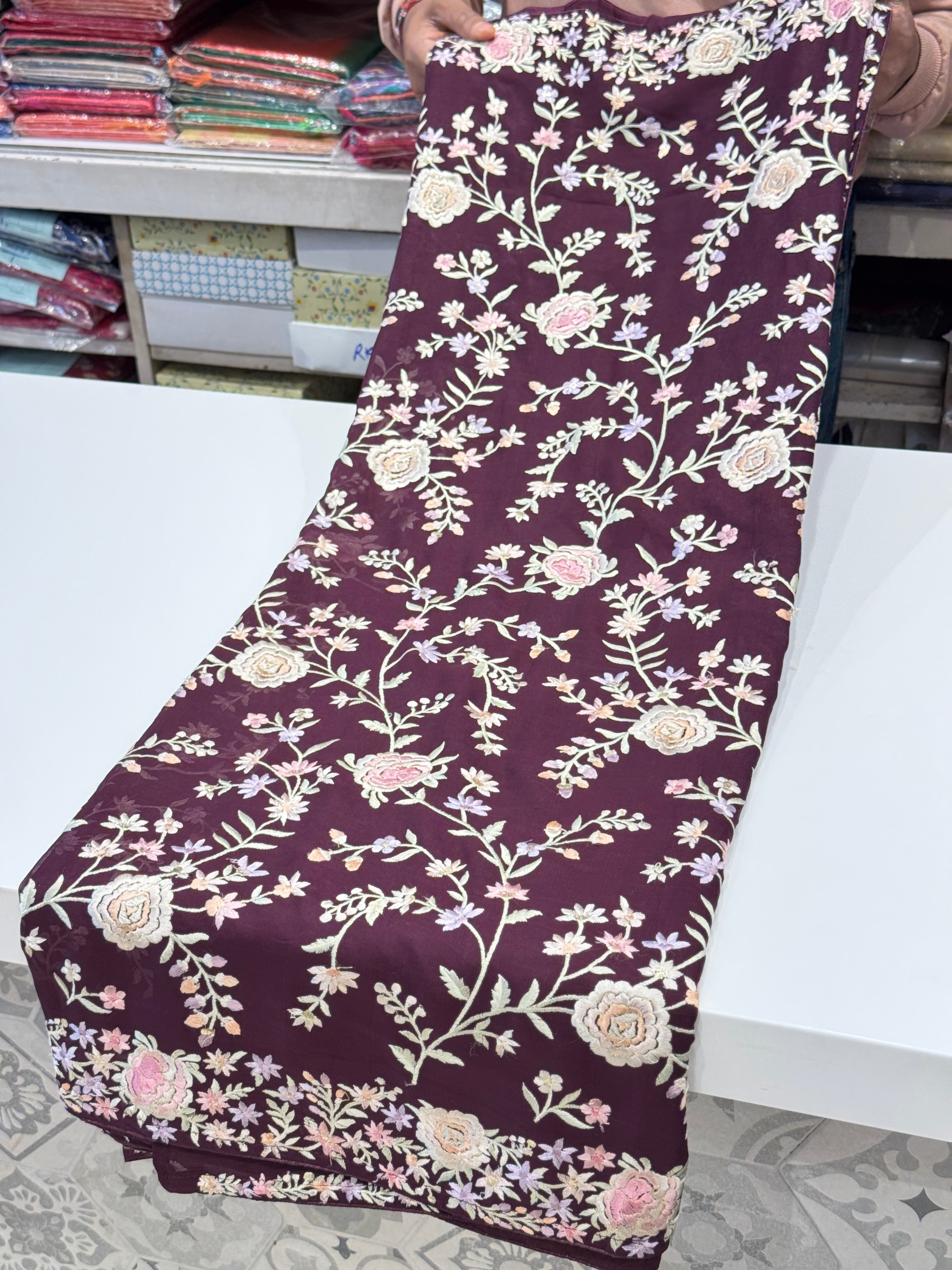 Wine Floral Parsi Gara Jaal Saree