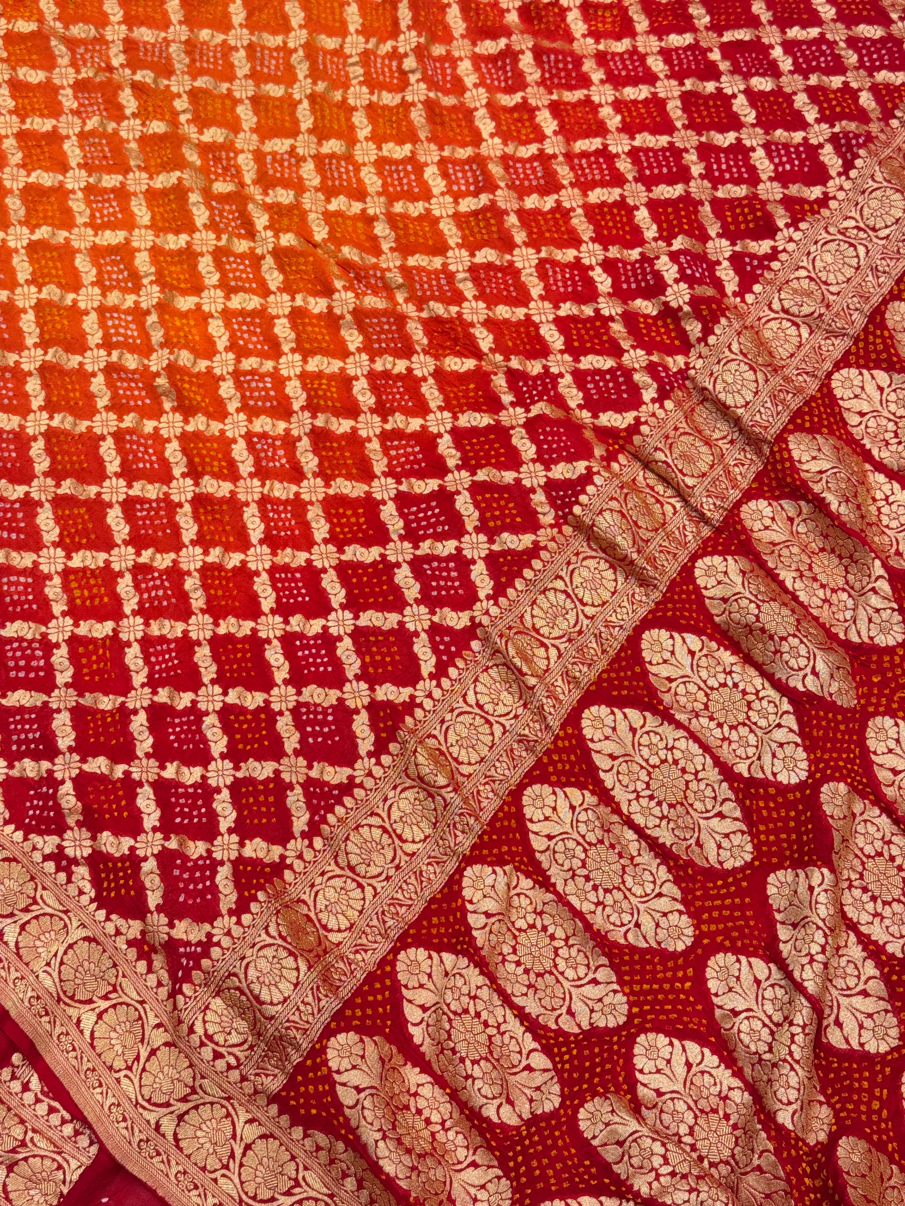 Red Orange Bandhej Bandhini Saree