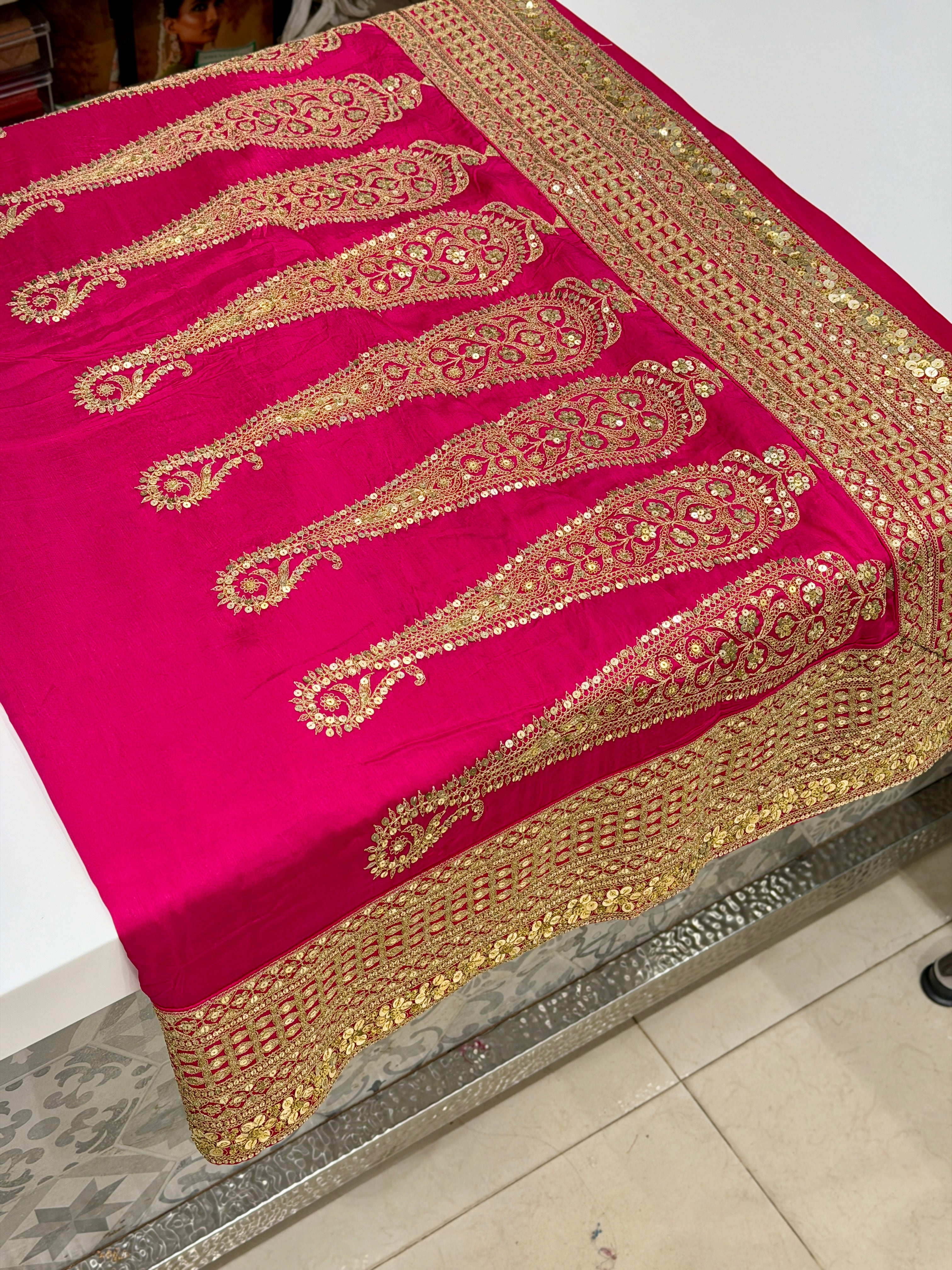 Rani Sabyasachi Inspired Marodi Embroidery Pure Silk Saree Keri Pallu Saree