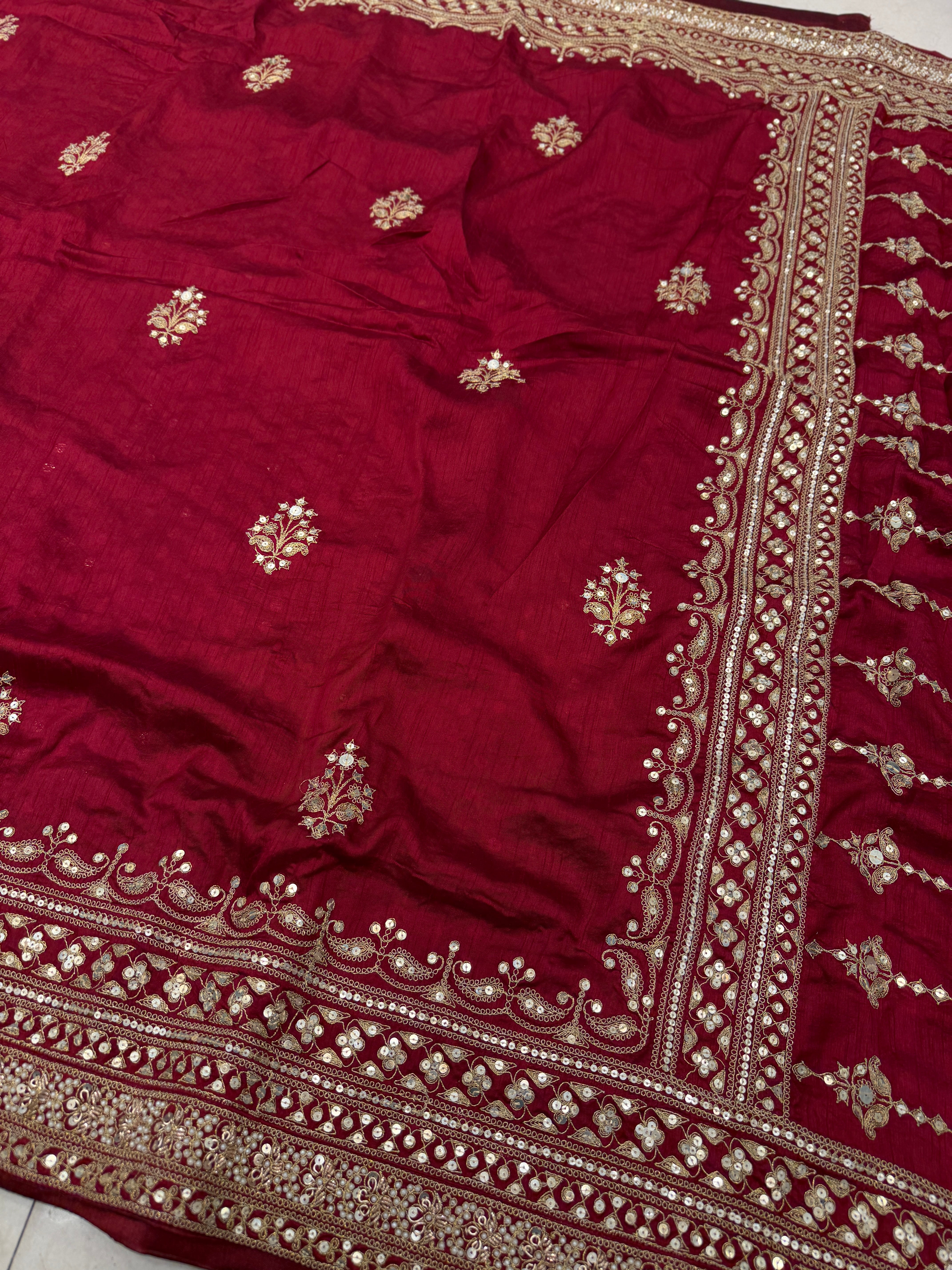 Maroon Pure Silk Sabyasachi Inspired Marodi Sequin Jaal Pallu Butti Saree