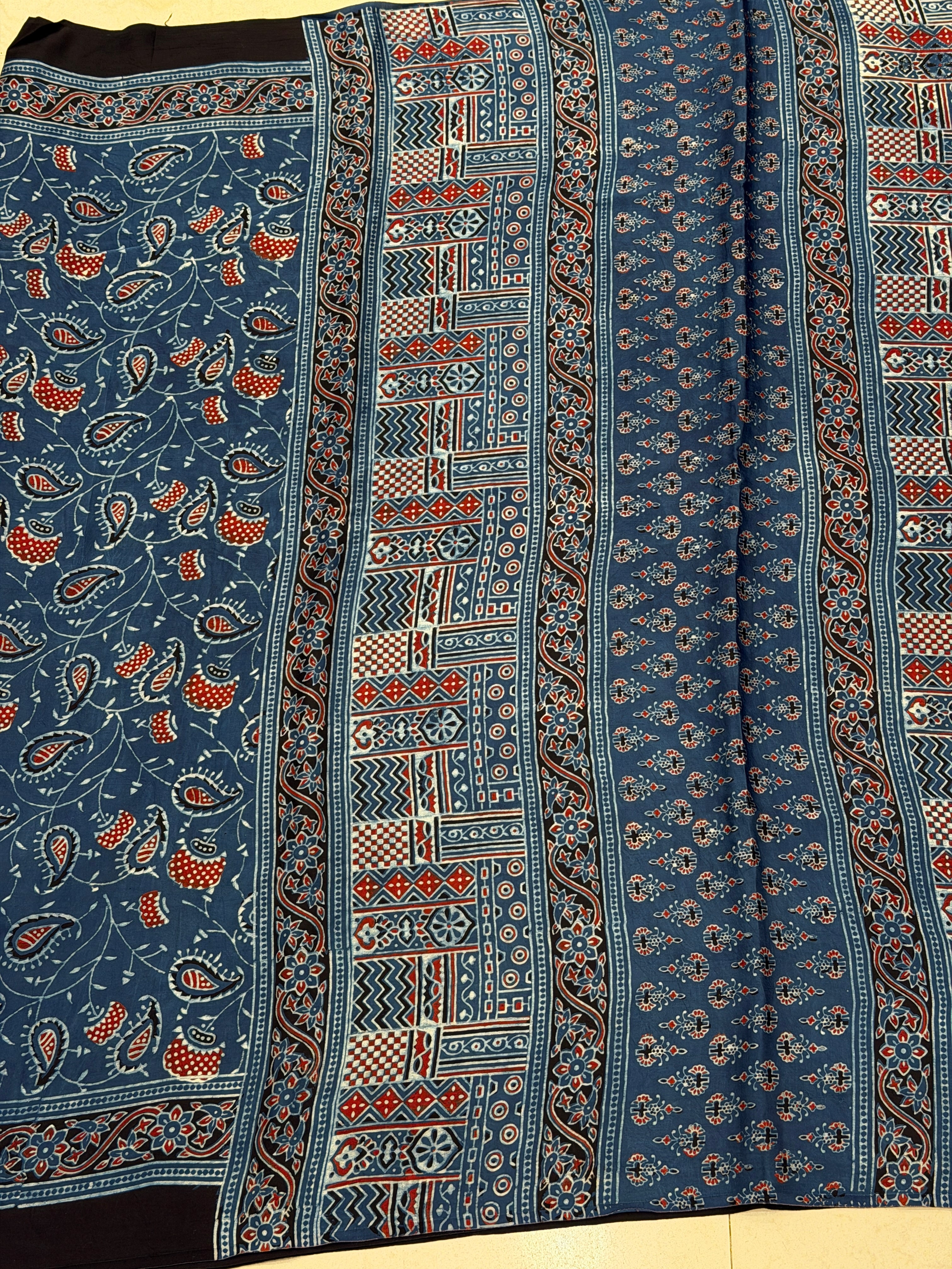 Blue Keari Jaal Ajrakh Hand Block Print Pure Modal Silk Saree