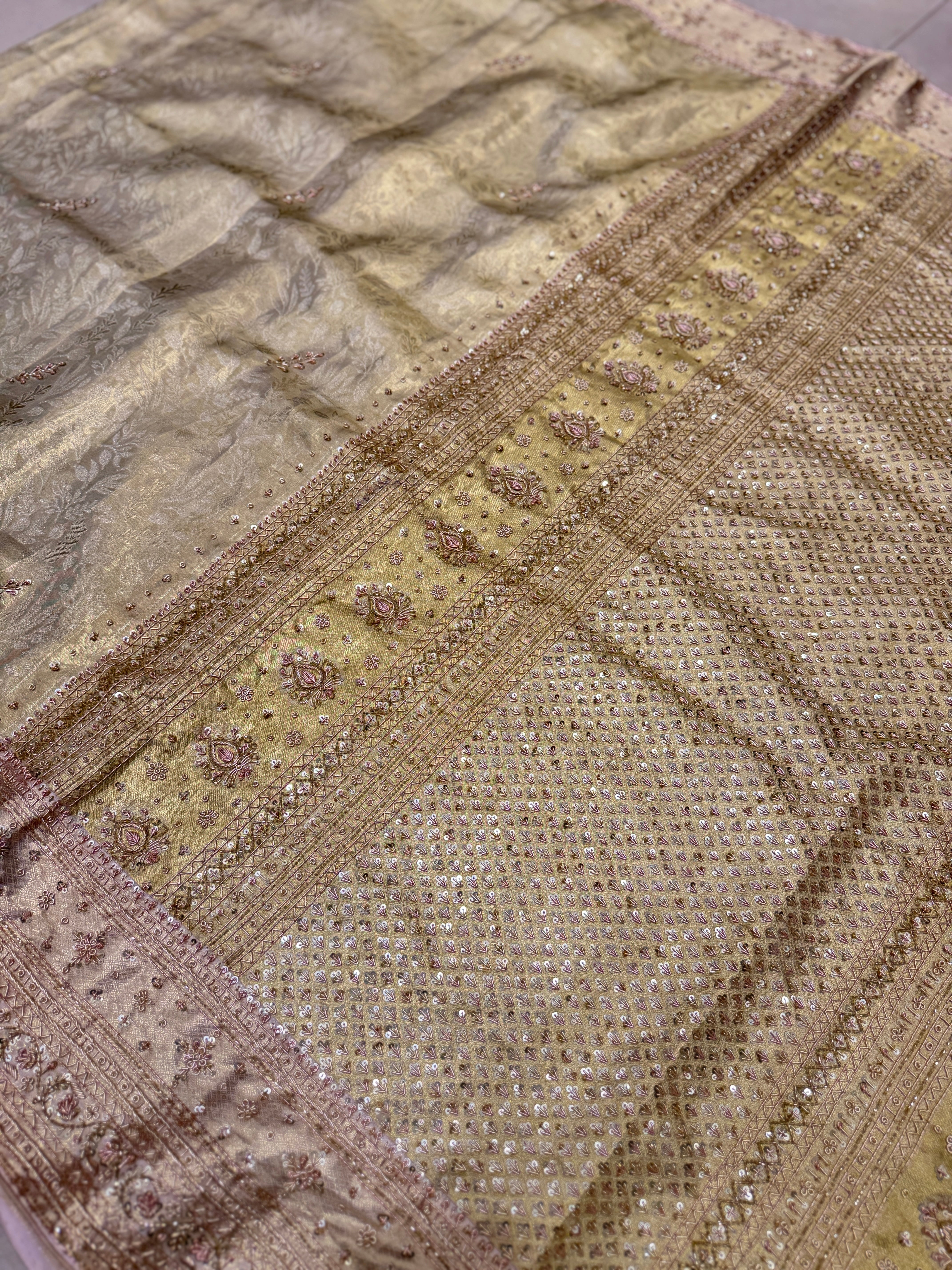 Beige Gold Tissue Kanjivaram Zardosi Hand Embroidery Saree
