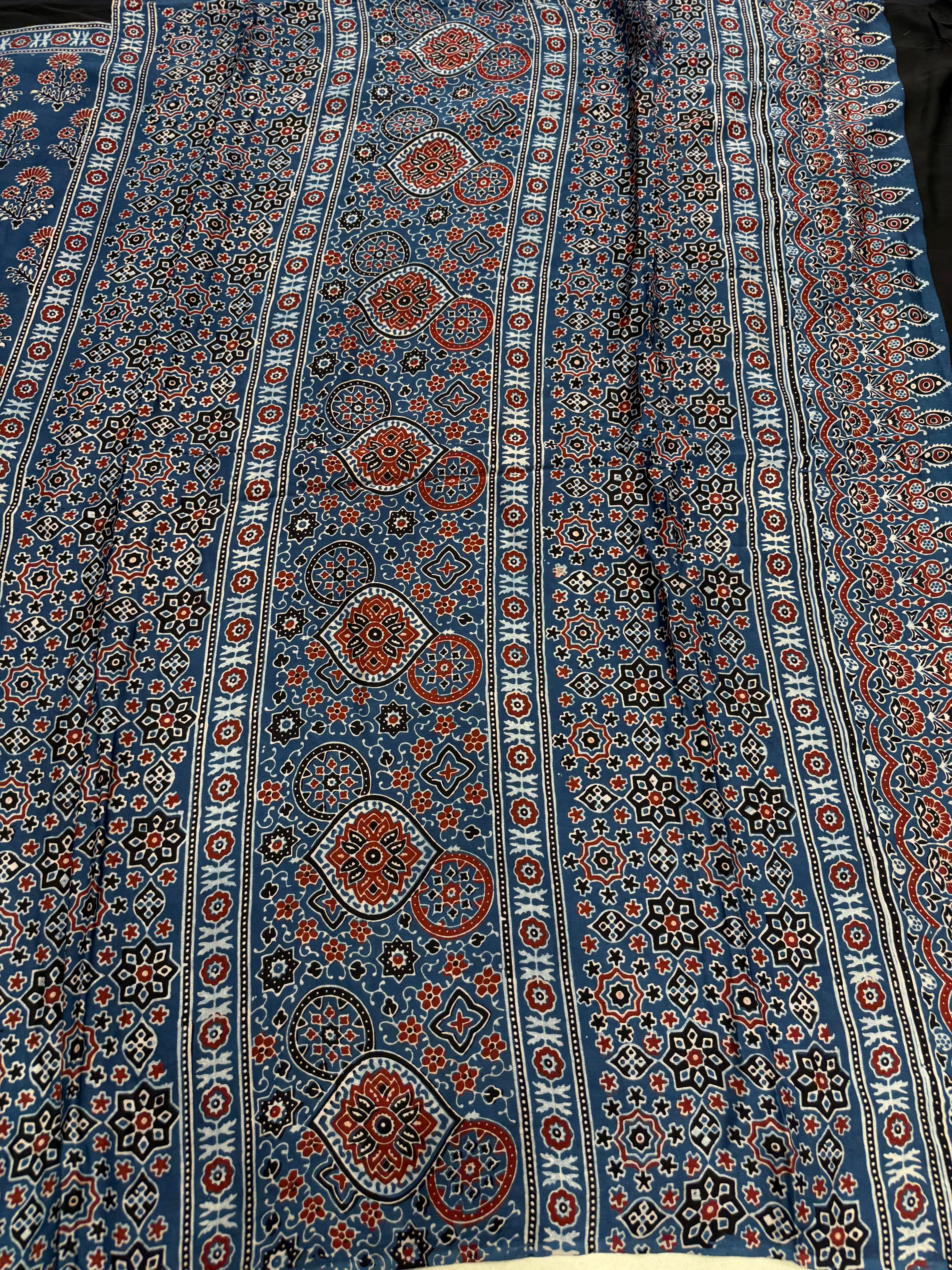 Blue Buttas Ajrakh Hand Block Print Pure Gajji Silk Saree