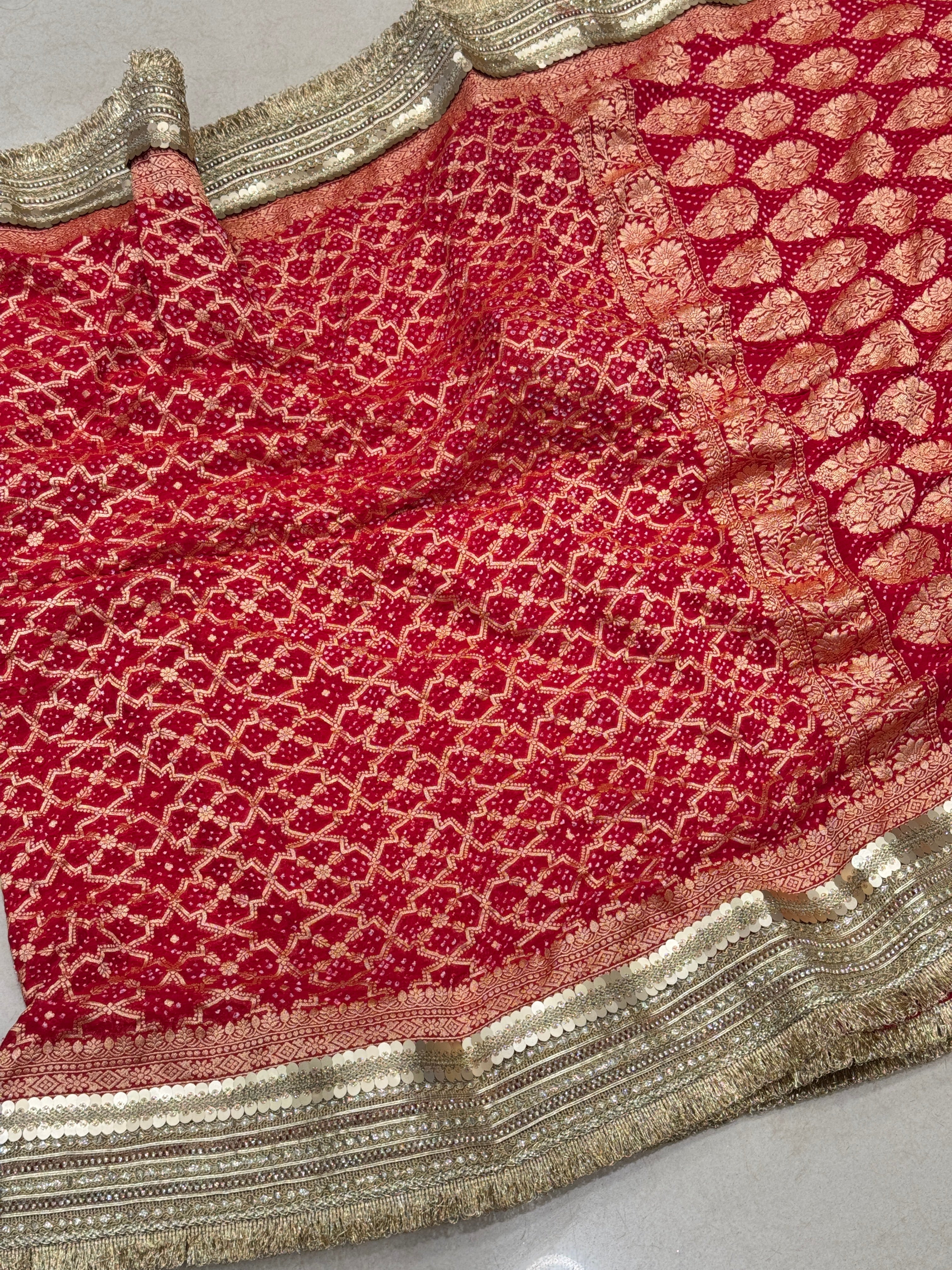 Red Bandhej Maharani Style Saree