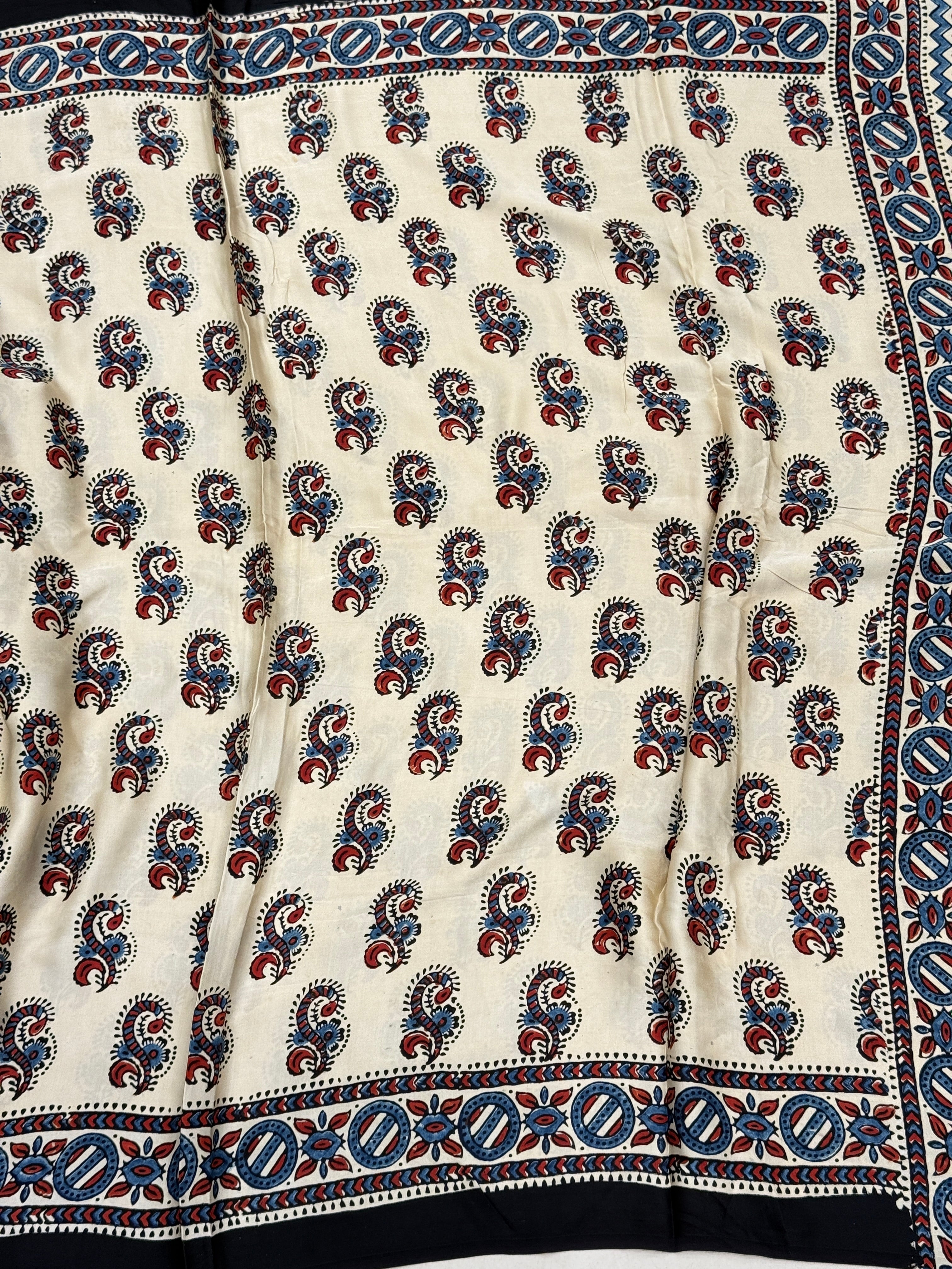 White Paisley Butti Ajrakh Hand Block Print Pure Gajji Silk Saree