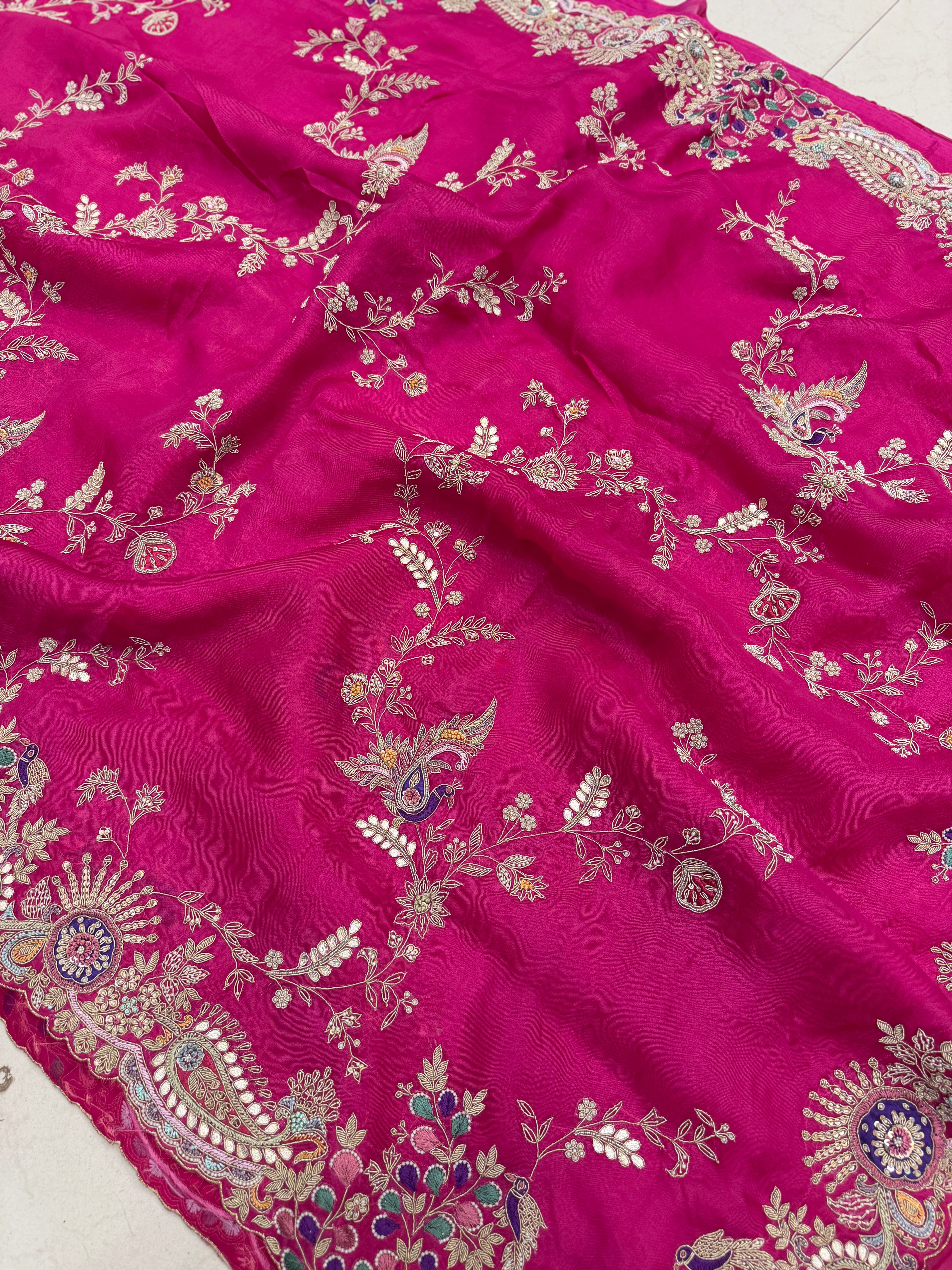 Rani Pink Organza Anamika Khanna Inspired Hand Embroidery Saree