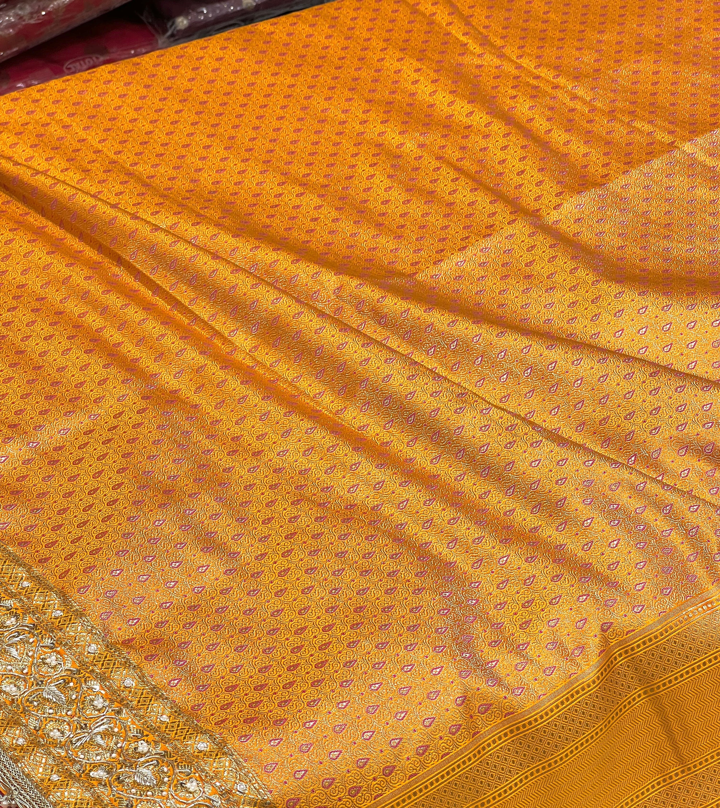 Mango Yellow Banarasi Hand Embroidery Saree