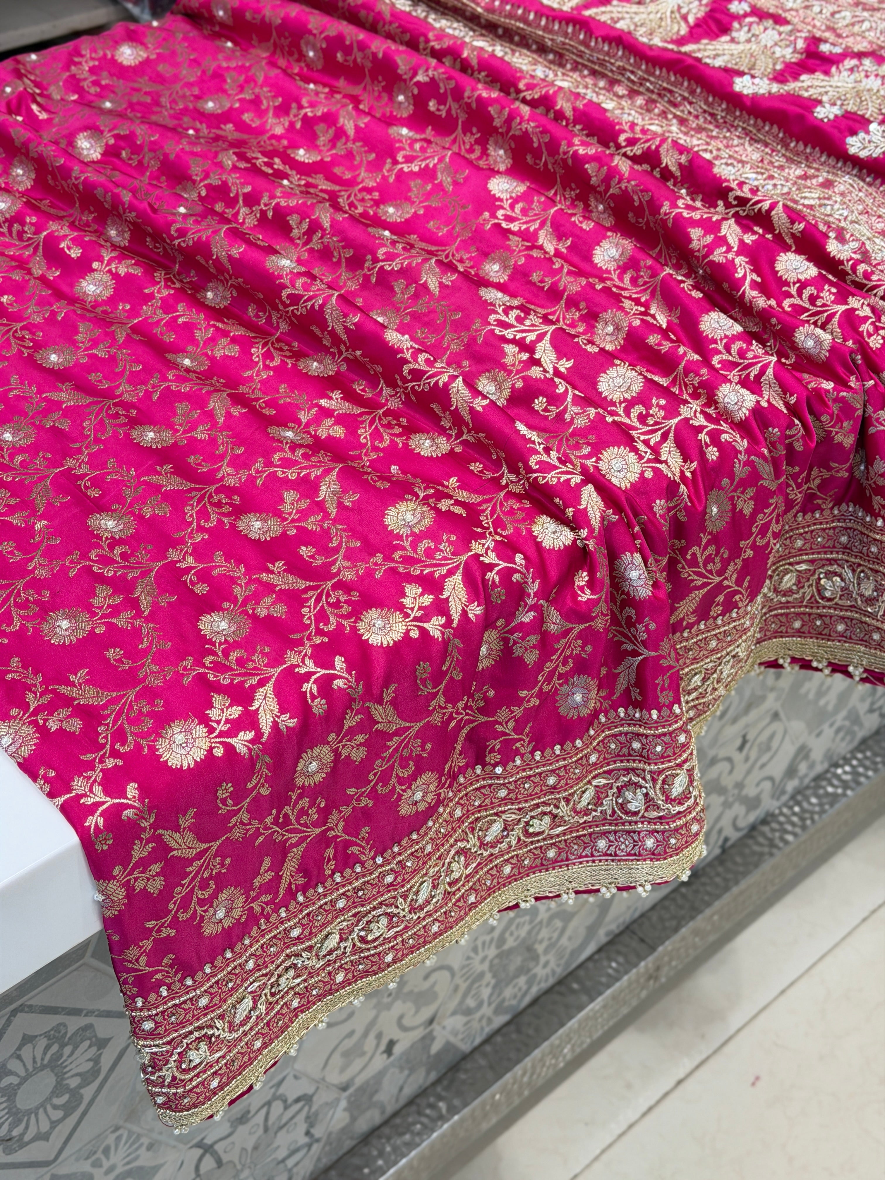 Rani Pink Banarasi Sona Roopa Jaal Zardosi Hand Embroidery Saree