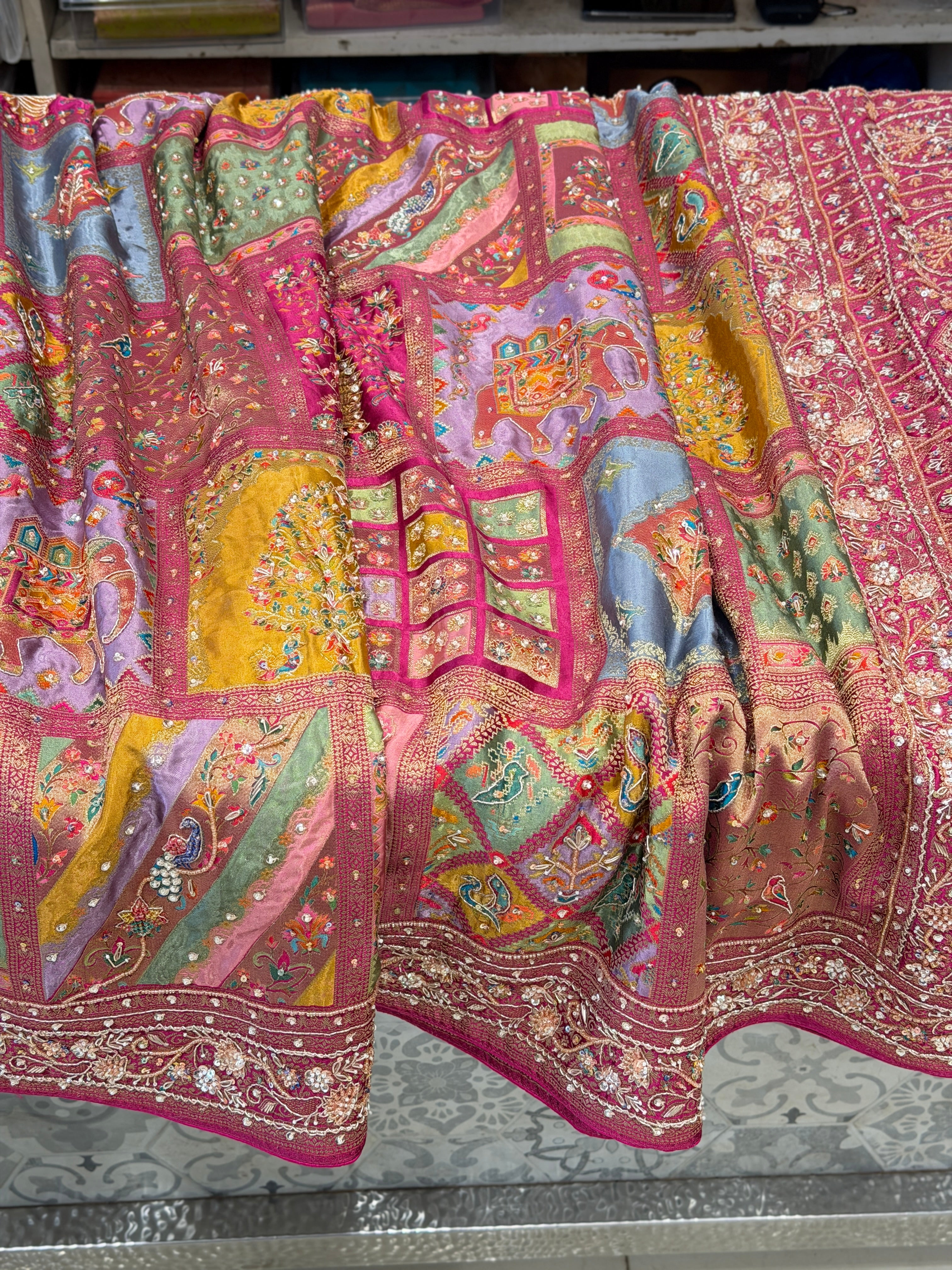 Multi Colour Modal Banarasi Rangkat Moti Sequin Hand Embroidery Saree