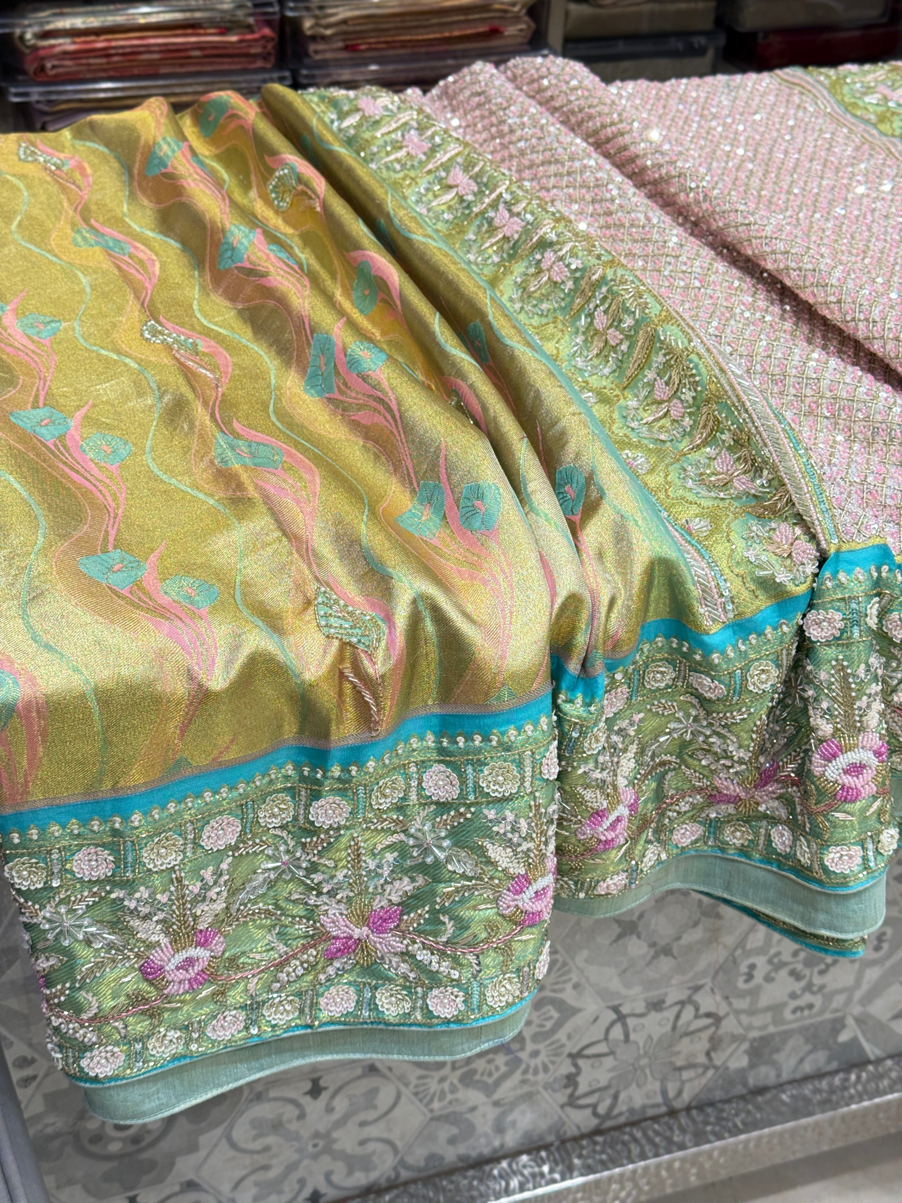 Green Meenakari Tissue Kanjivaram Hand Embroidery Saree