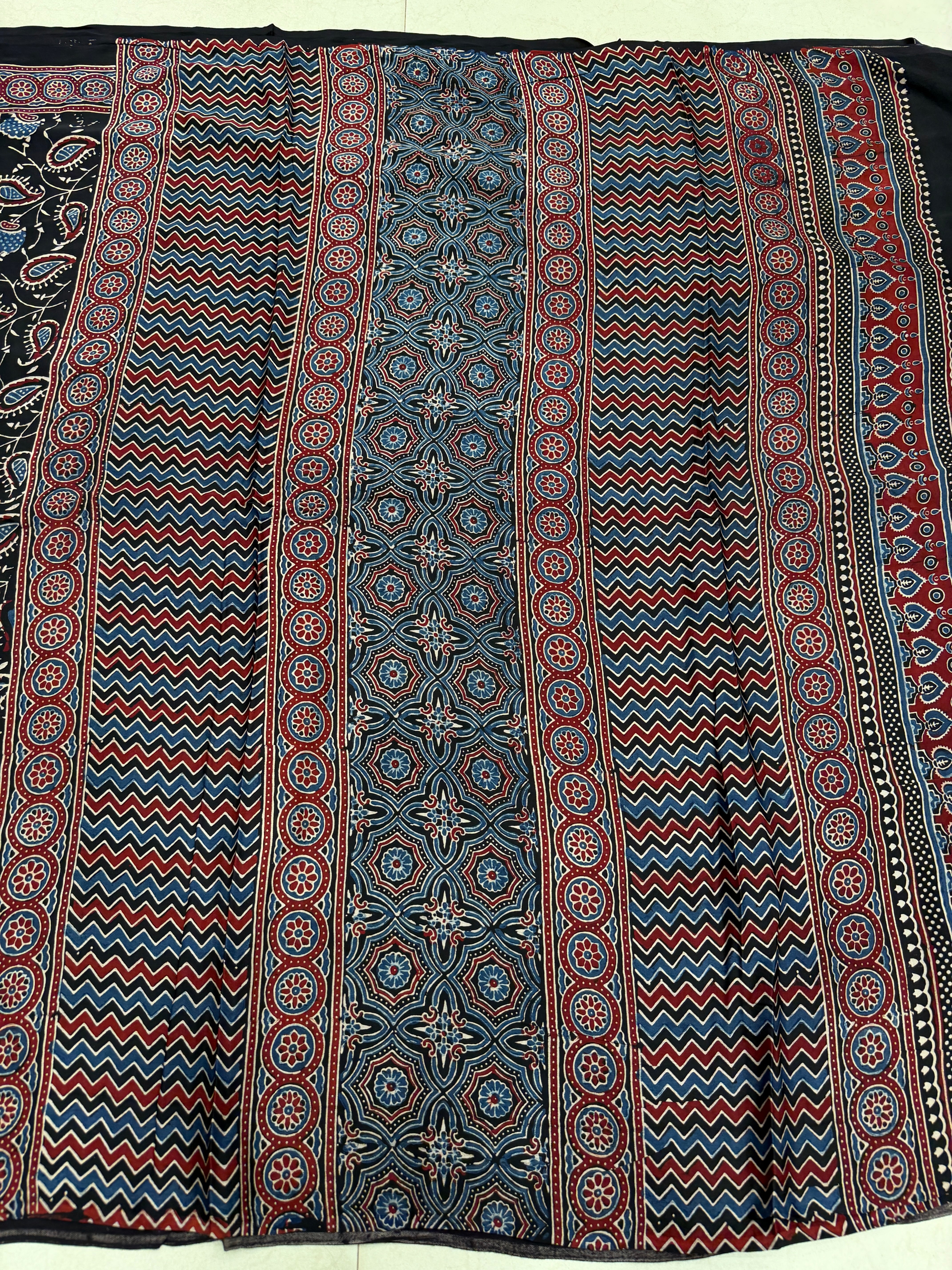 Black Jaal Ajrakh Hand Block Print Pure Gajji Silk Saree