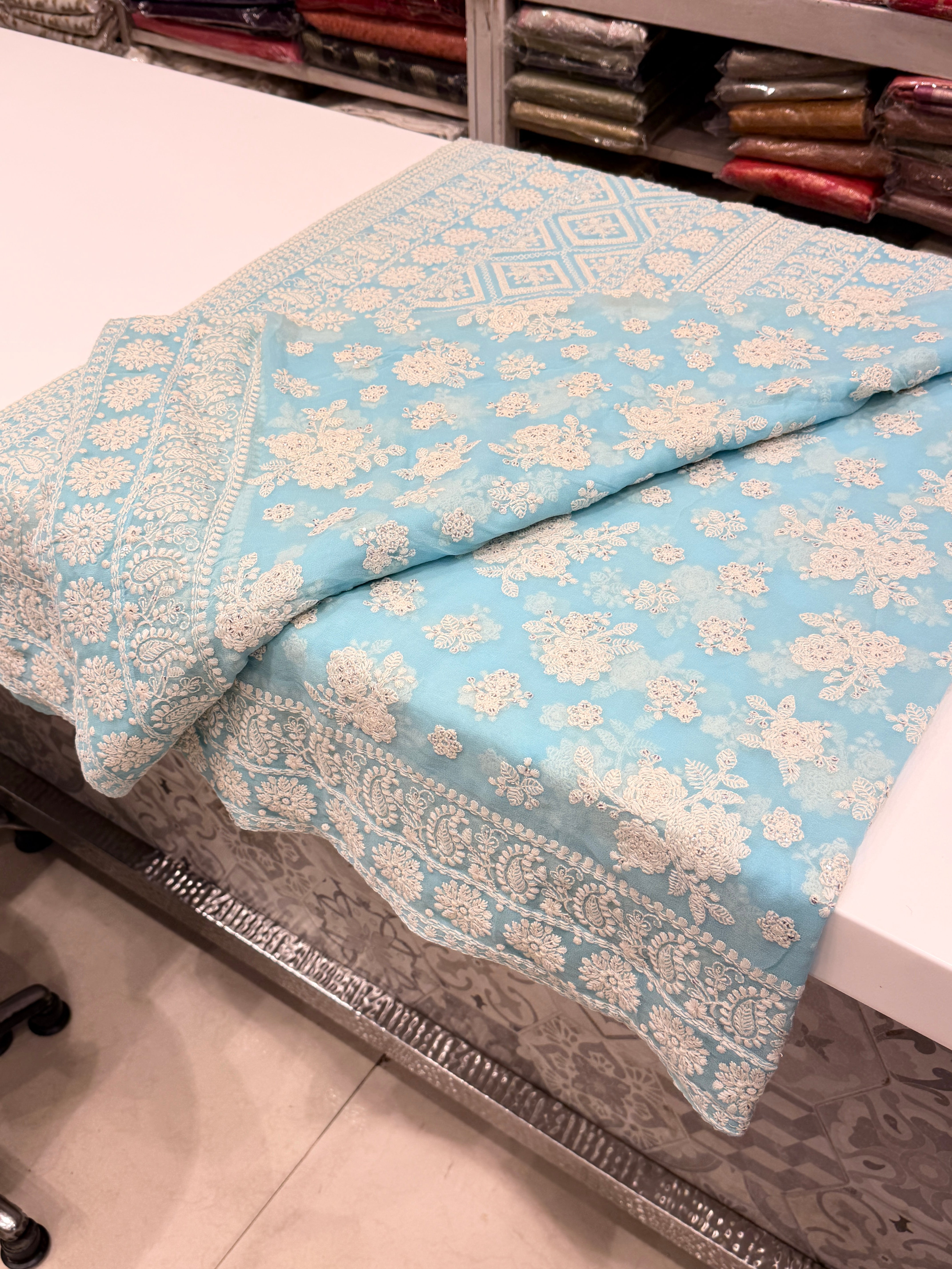 Blue Chikankari Georgette Butta Keri Saree