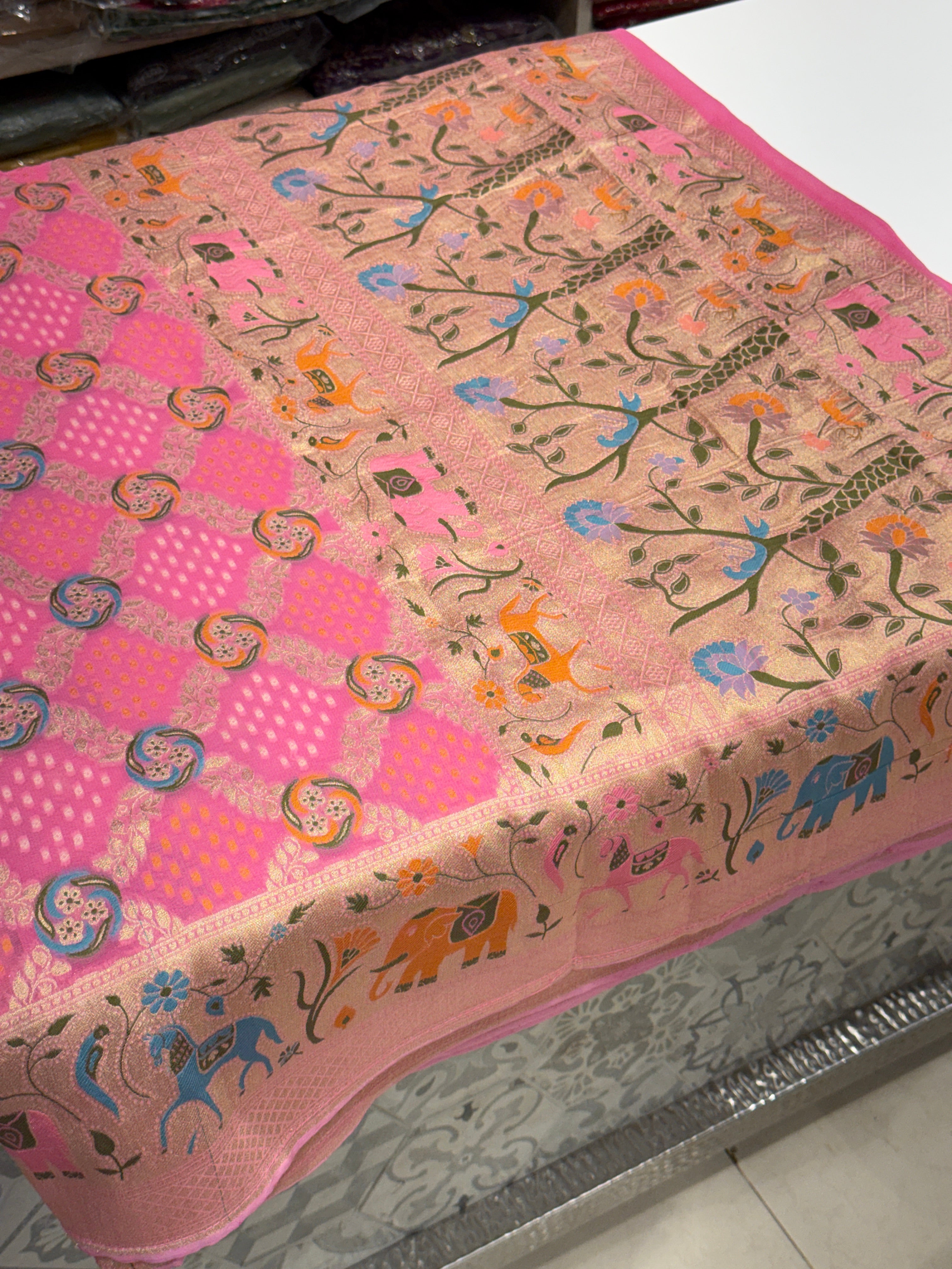 Pink Meenkari Asvah Hastin Border Woven Bandhej Saree