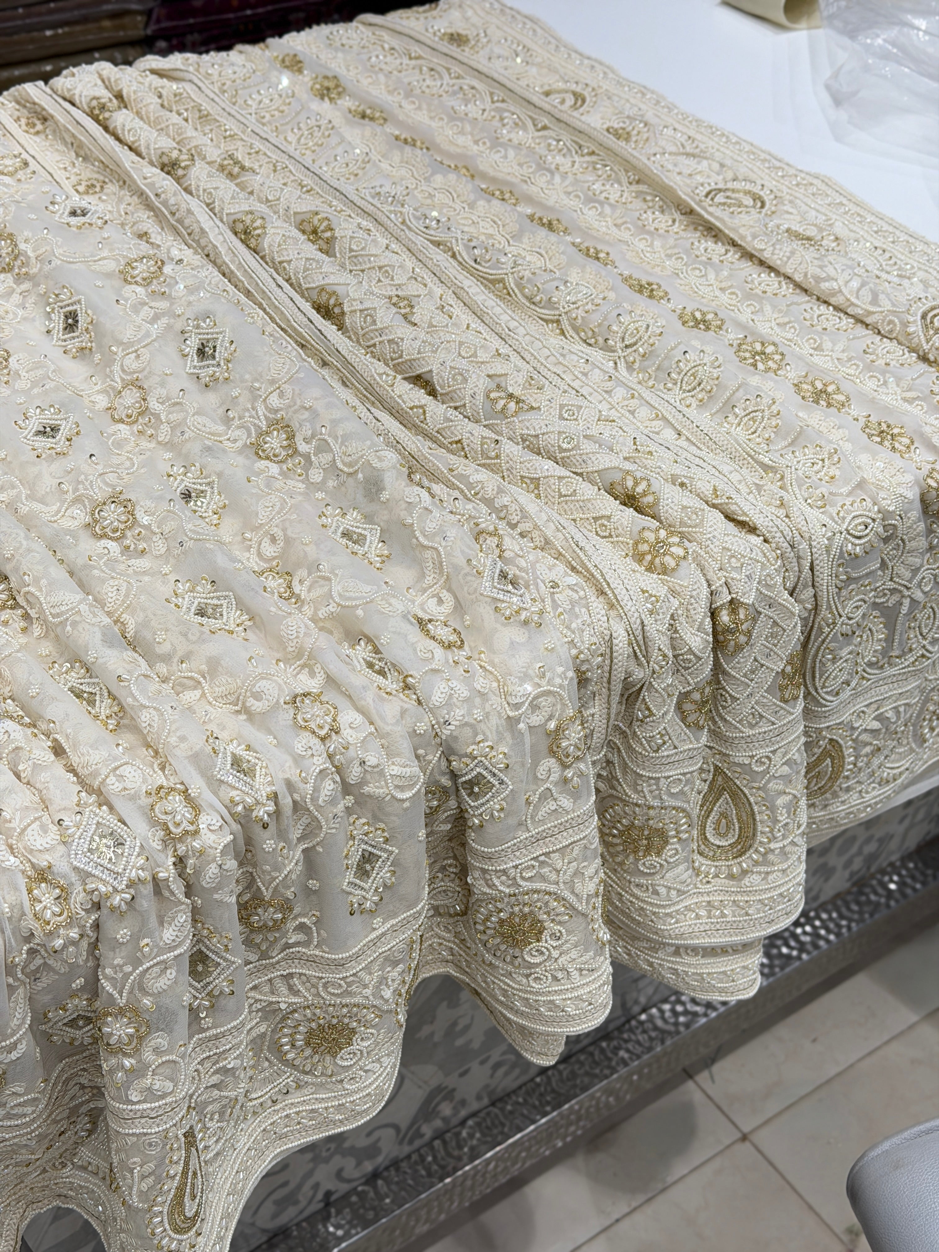 Moti White Georgette Chikankari Moti Sequin Hand Embroidery Saree